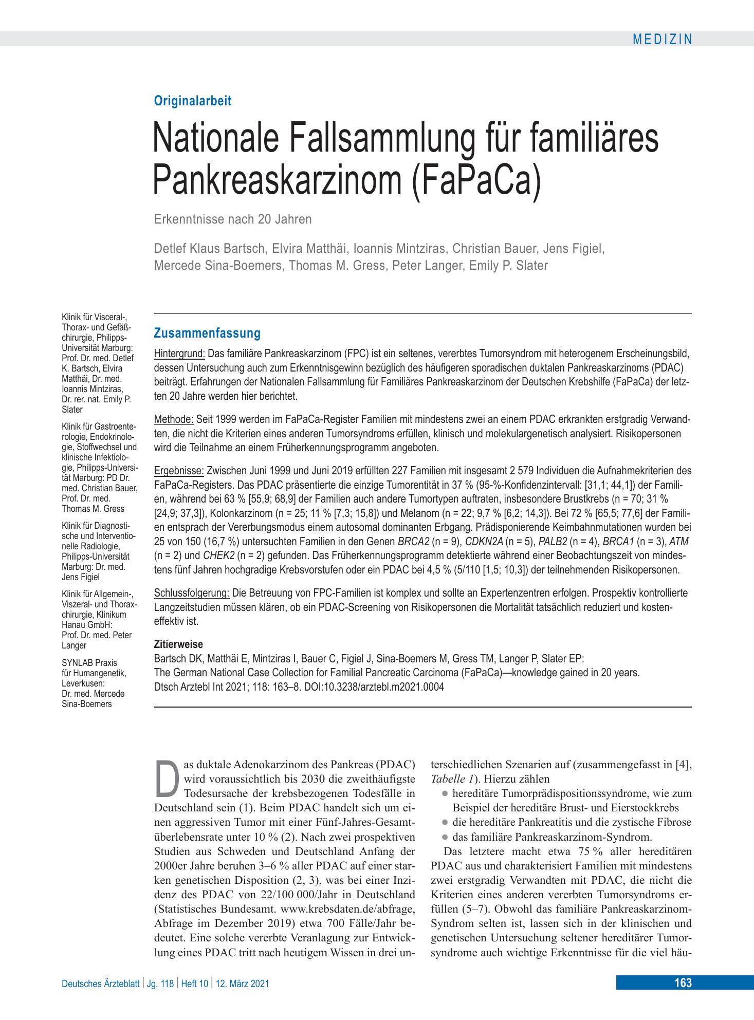 Vorschauseite 1: Nationale Fallsammlung für familiäres Pankreaskarzinom (FaPaCa) – Deutsches Ärzteblatt