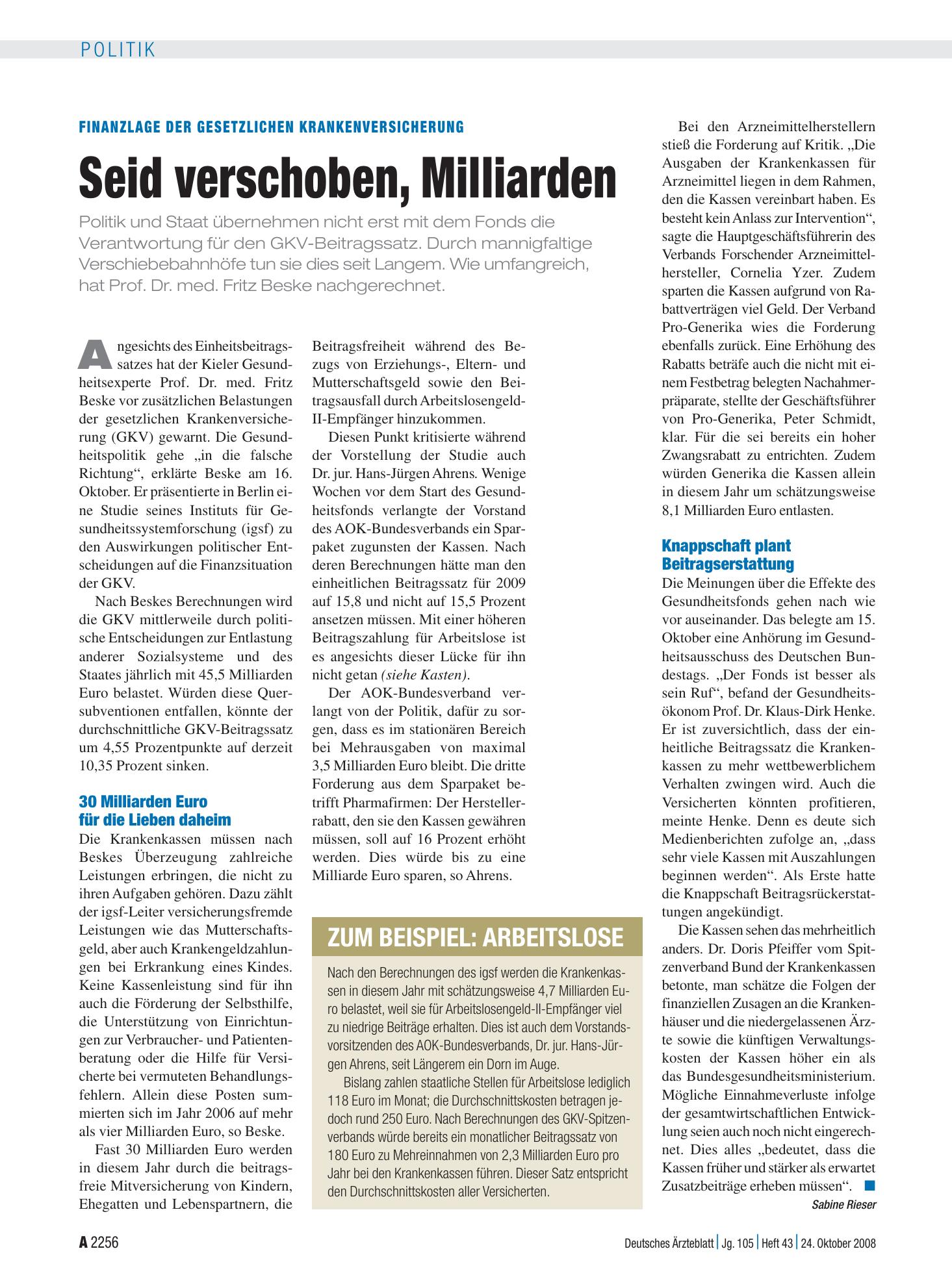 Vorschauseite 1: Finanzlage der gesetzlichen Krankenversicherung: Seid verschoben, Milliarden – Deutsches Ärzteblatt