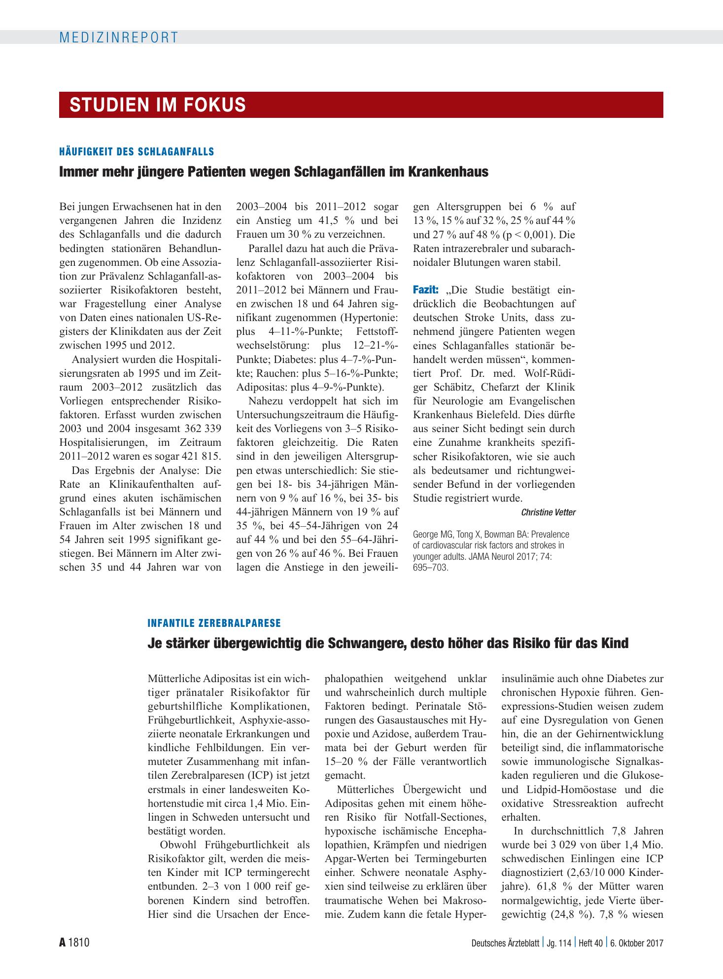 Vorschauseite 1: Häufigkeit des Schlaganfalls: Immer mehr jüngere Patienten wegen Schlaganfällen im Krankenhaus – Deutsches Ärzteblatt