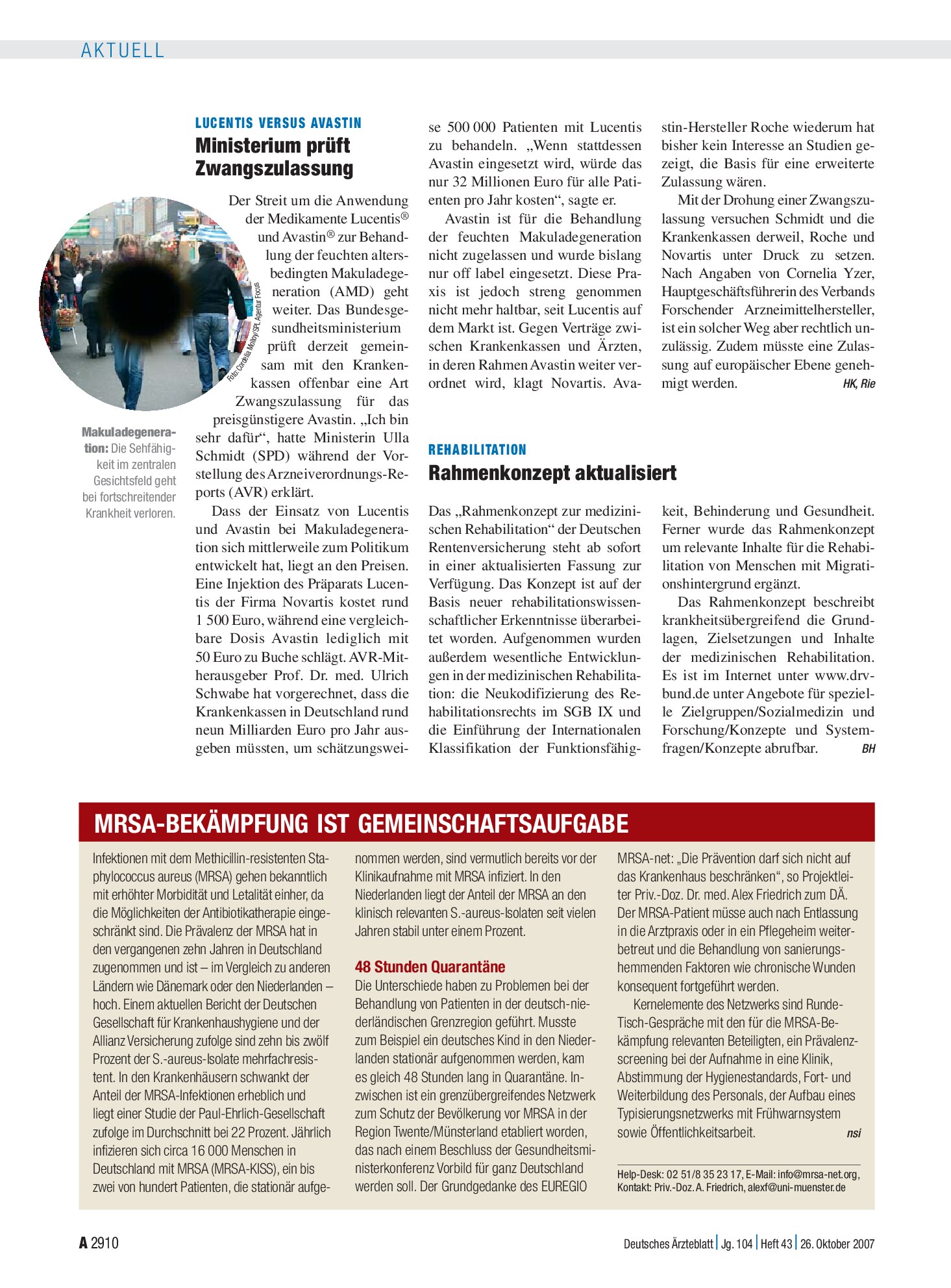 Vorschauseite 1: MRSA-Bekämpfung ist Gemeinschaftsaufgabe – Deutsches Ärzteblatt