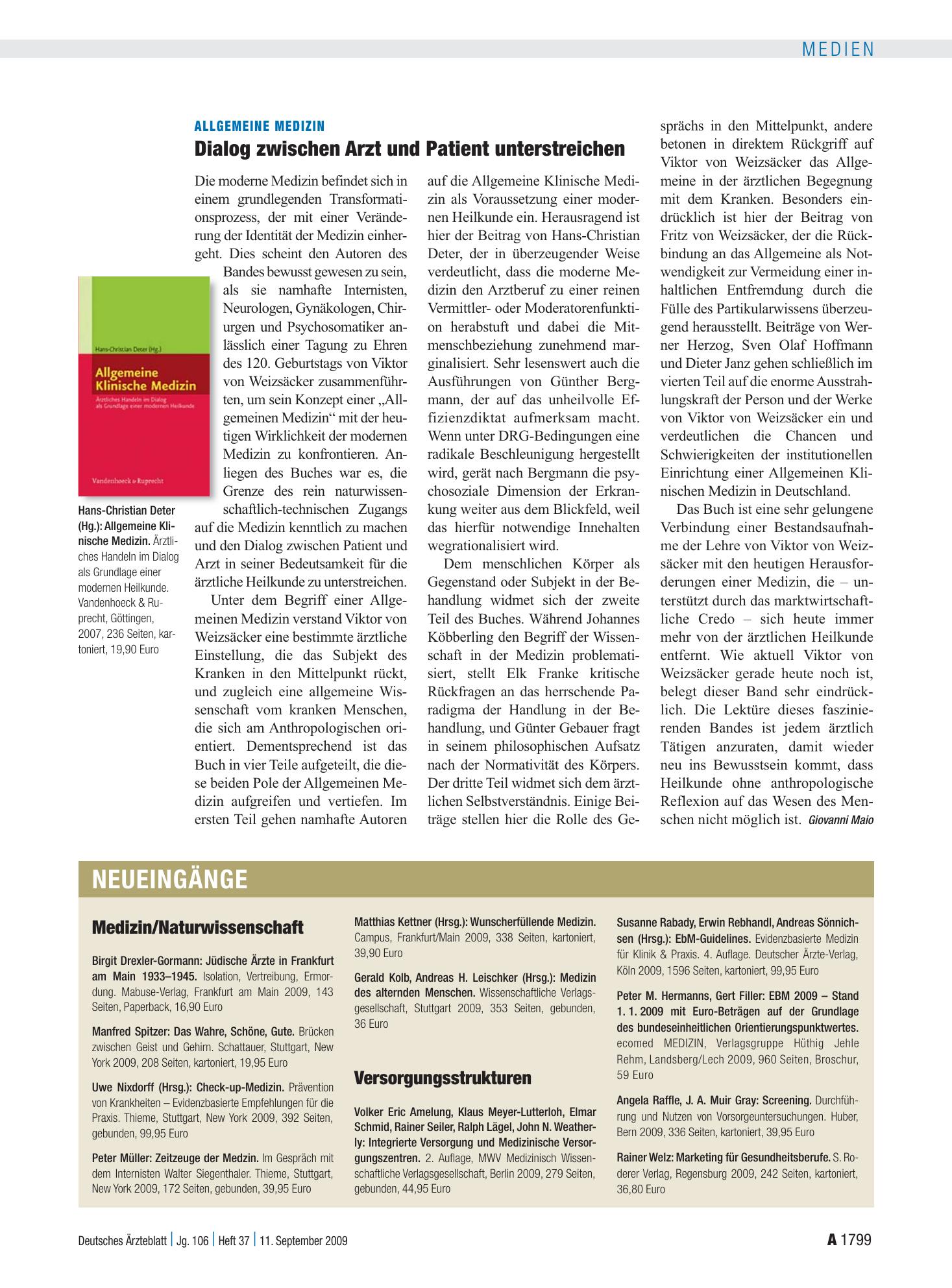 Vorschauseite 1: Allgemeine Medizin: Dialog zwischen Arzt und Patient unterstreichen – Deutsches Ärzteblatt