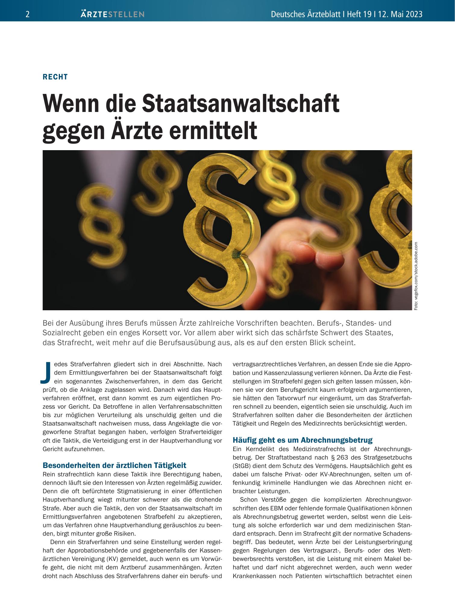Vorschauseite 1: Recht: Wenn die Staatsanwaltschaft gegen Ärzte ermittelt – Deutsches Ärzteblatt