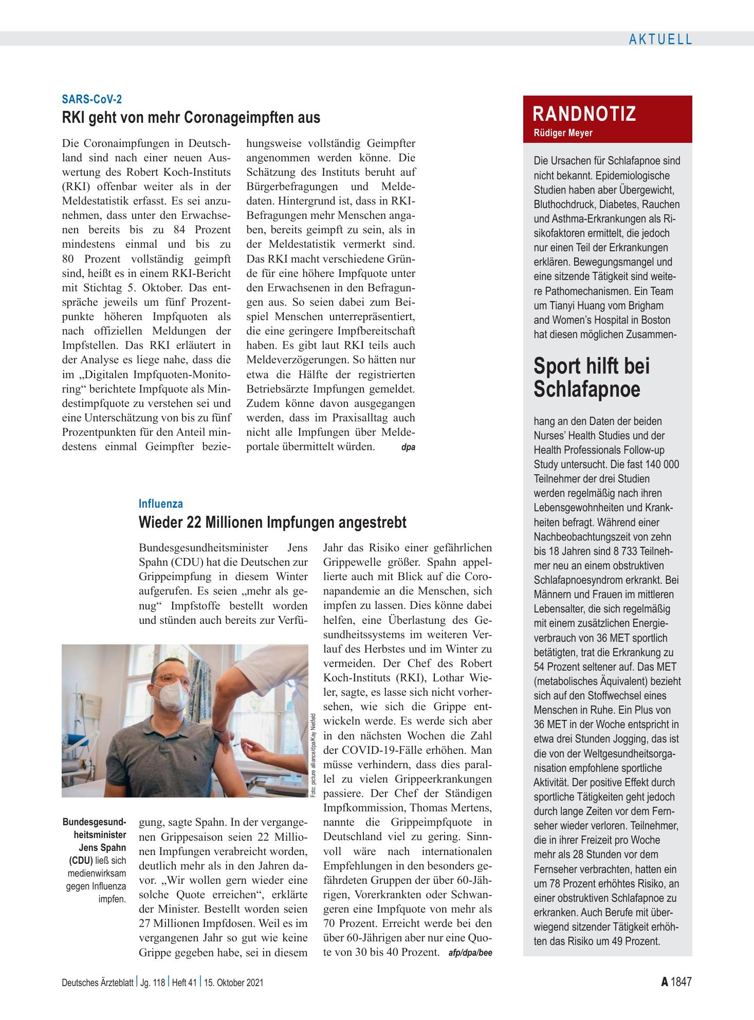 Vorschauseite 1: SARS-CoV-2: RKI geht von mehr Coronageimpften aus – Deutsches Ärzteblatt