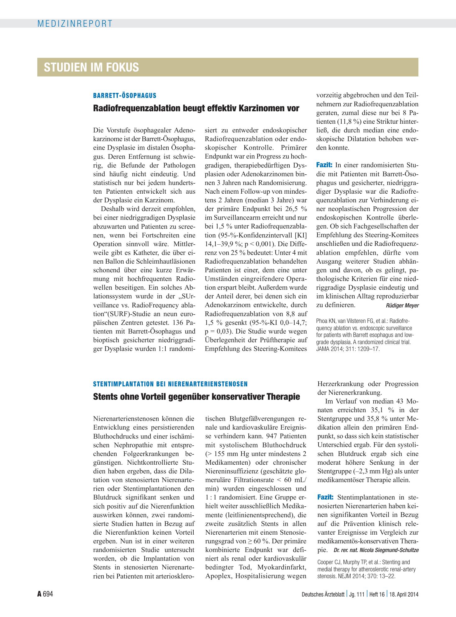 Vorschauseite 1: Barrett-Ösophagus: Radiofrequenzablation beugt effektiv Karzinomen vor – Deutsches Ärzteblatt