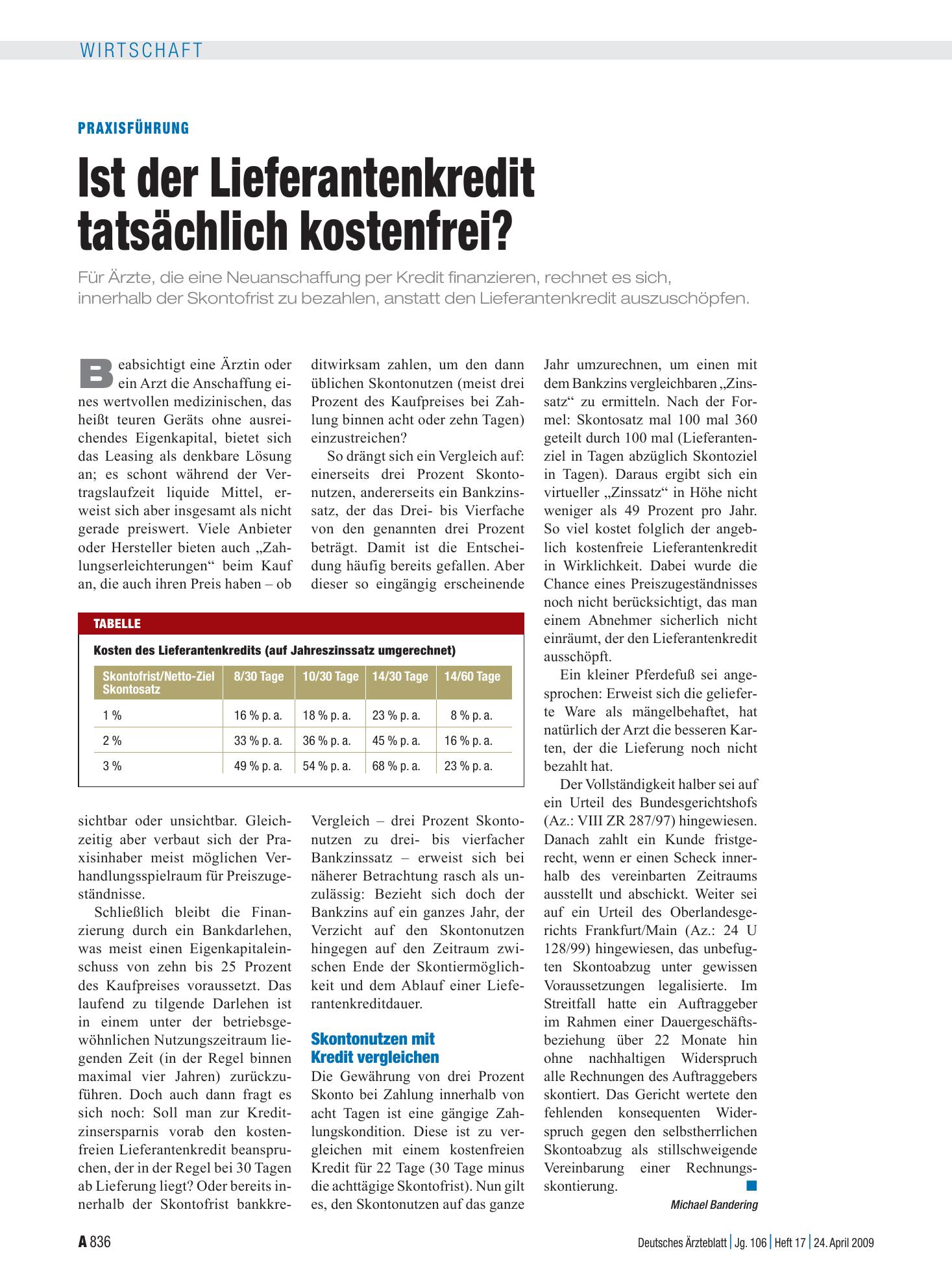Vorschauseite 1: Praxisführung: Ist der Lieferantenkredit tatsächlich kostenfrei? – Deutsches Ärzteblatt