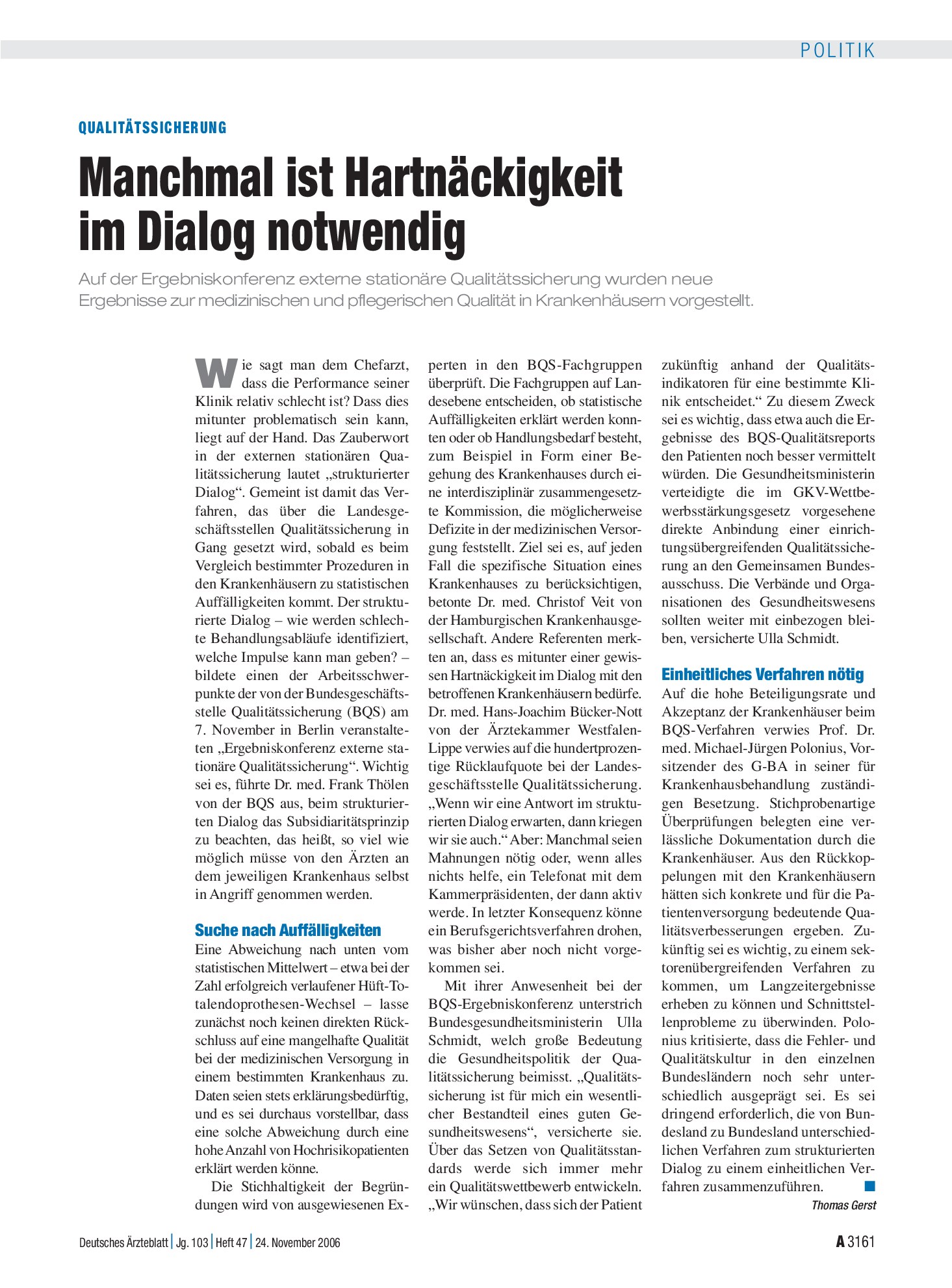 Vorschauseite 1: Qualitätssicherung: Manchmal ist Hartnäckigkeit im Dialog notwendig – Deutsches Ärzteblatt