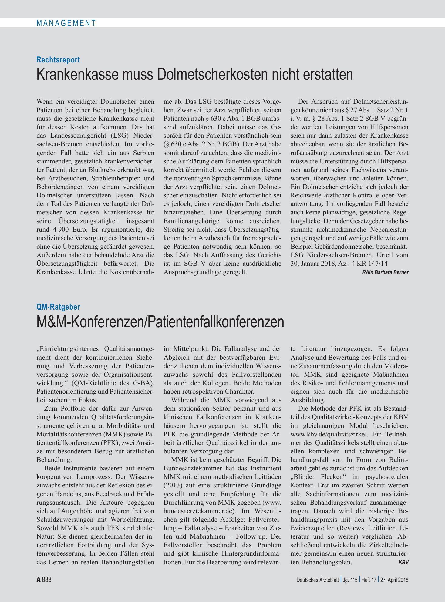 Vorschauseite 1: QM-Ratgeber: M&M-Konferenzen/Patientenfallkonferenzen – Deutsches Ärzteblatt