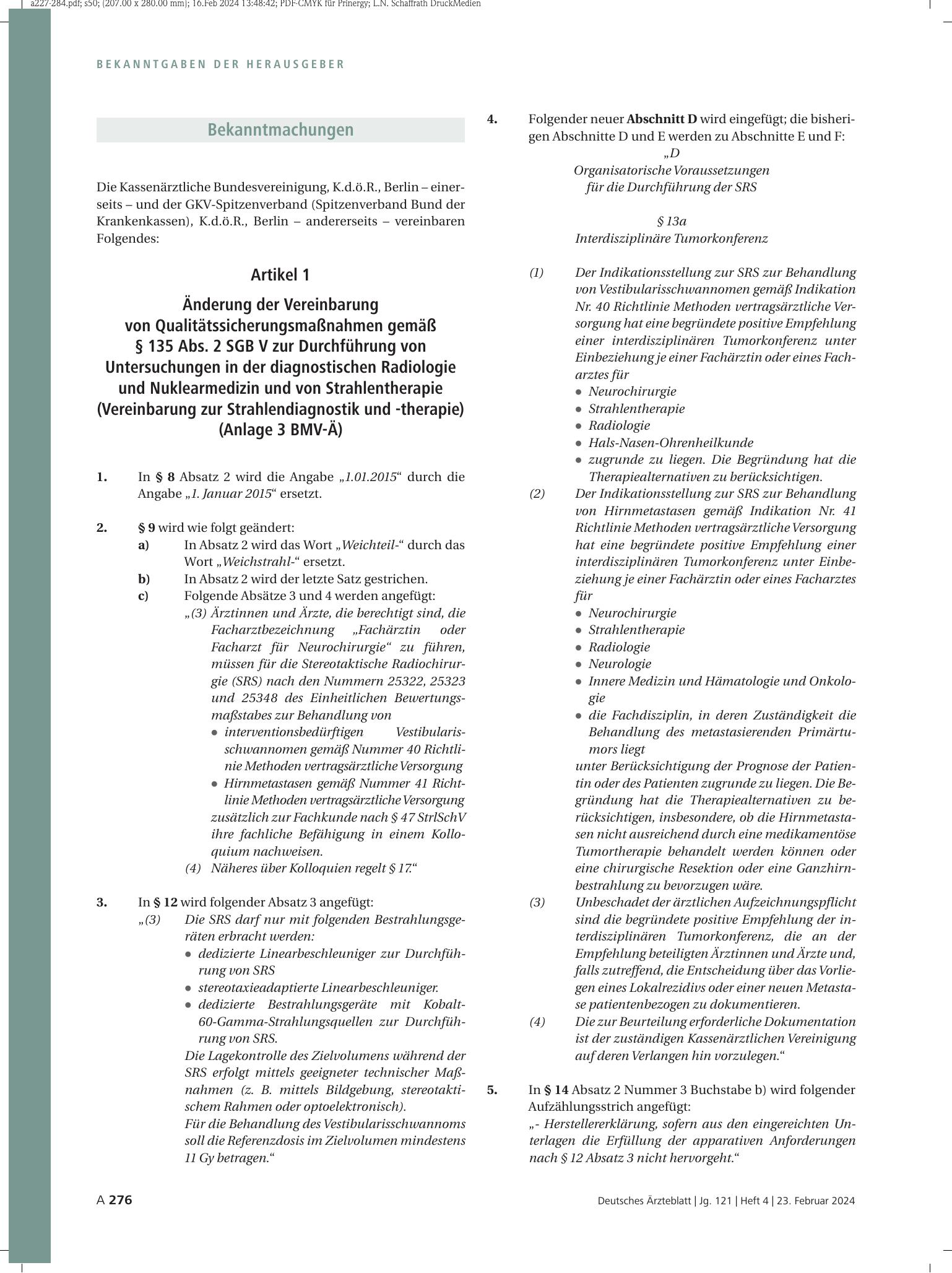 Vorschauseite 1: Änderung der Vereinbarung von Qualitätssicherungsmaßnahmen gemäß § 135 Abs. 2 SGB V zur Durchführung von Untersuchungen in der diagnostischen Radiologie und Nuklearmedizin und von…