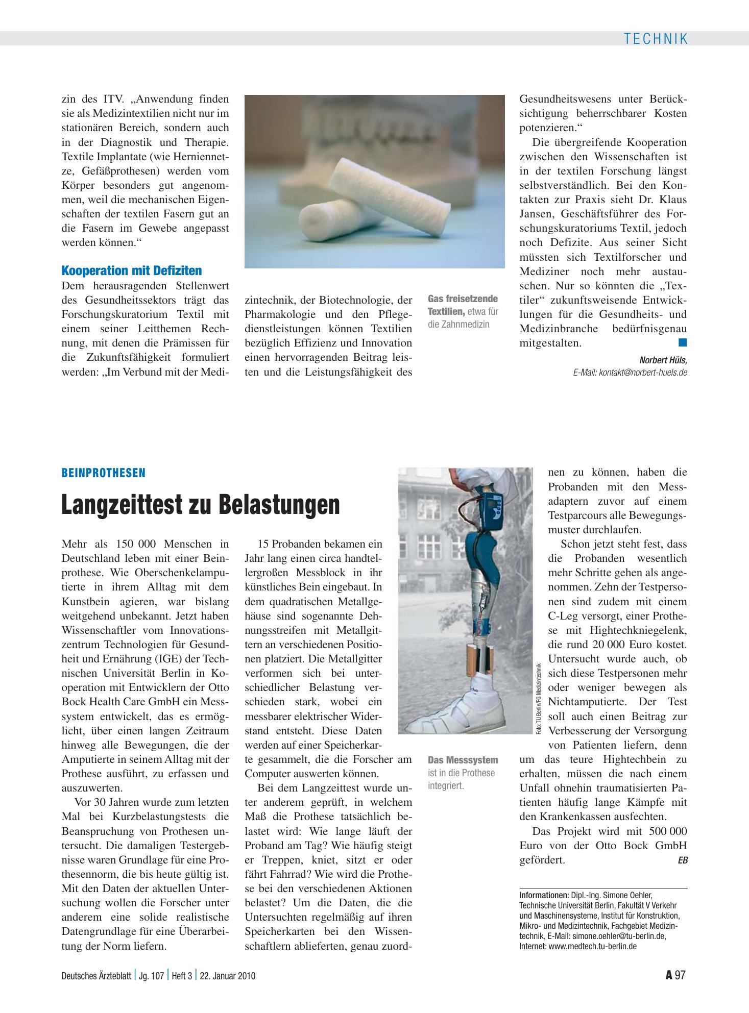 Vorschauseite 1: Beinprothesen: Langzeittest zu Belastungen – Deutsches Ärzteblatt