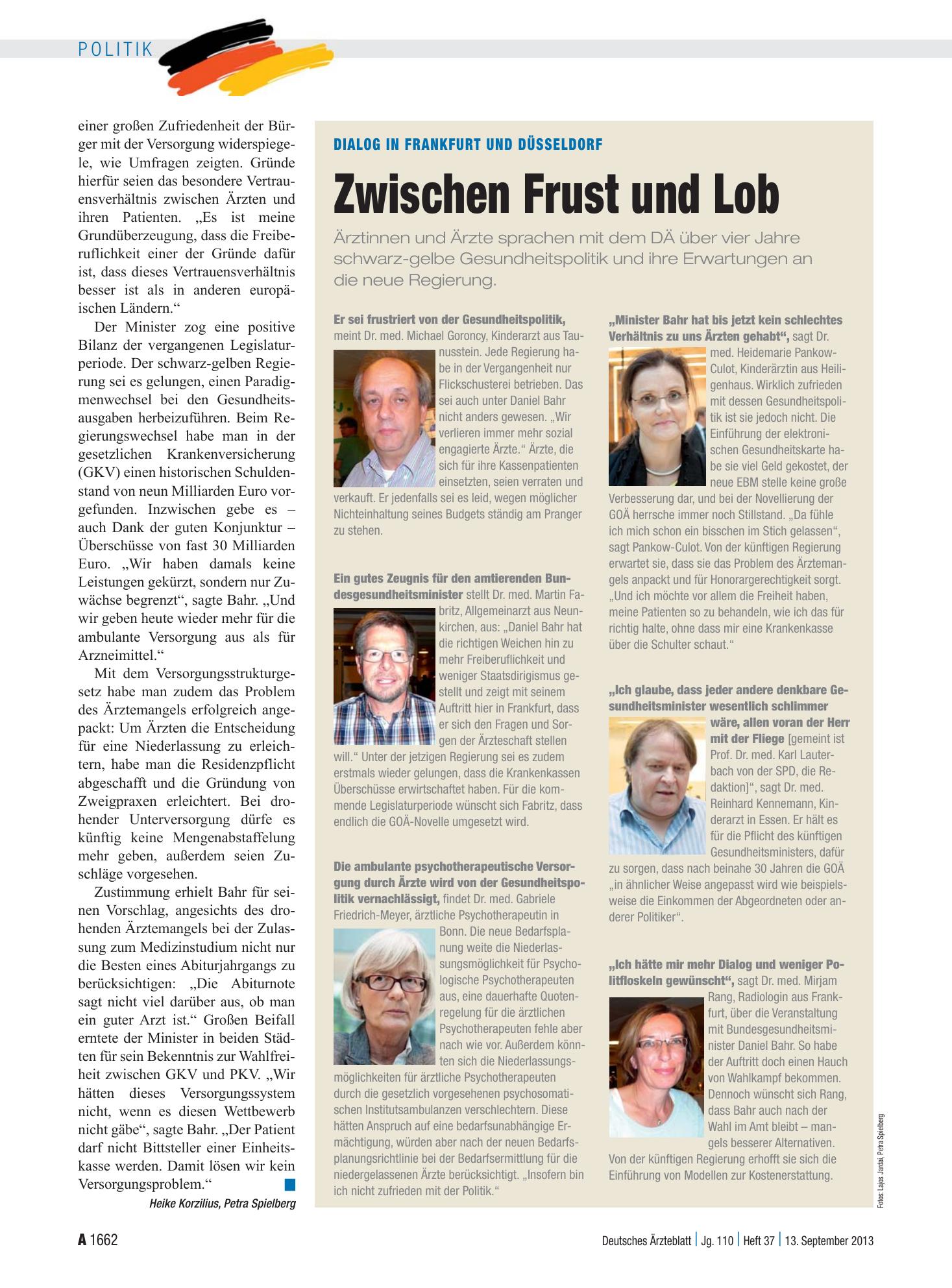 Vorschauseite 1: Dialog in Frankfurt und Düsseldorf: Zwischen Frust und Lob – Deutsches Ärzteblatt