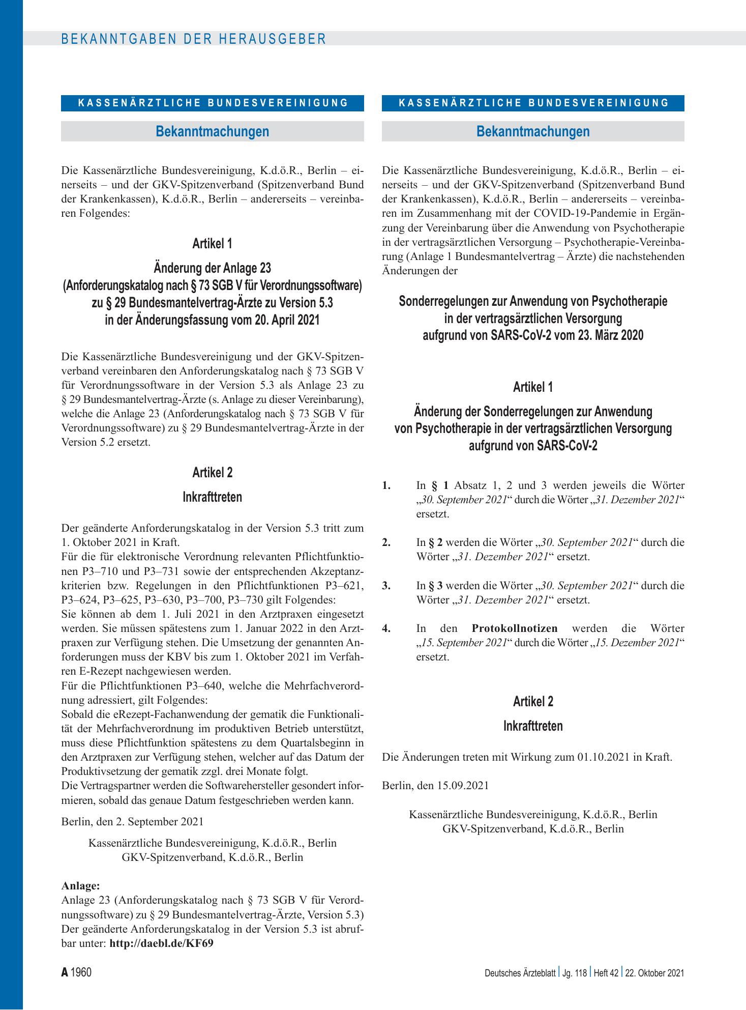 Vorschauseite 1: Änderung der Anlage 23 (Anforderungskatalog nach § 73 SGB V für Verordnungssoftware) zu § 29 Bundesmantelvertrag-Ärzte zu Version 5.3 in der Änderungsfassung vom 20. April 2021 –…