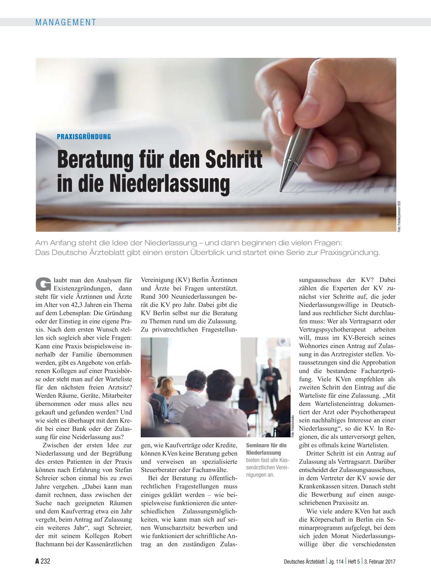 Vorschauseite 1: Praxisgründung: Beratung für den Schritt in die Niederlassung – Deutsches Ärzteblatt