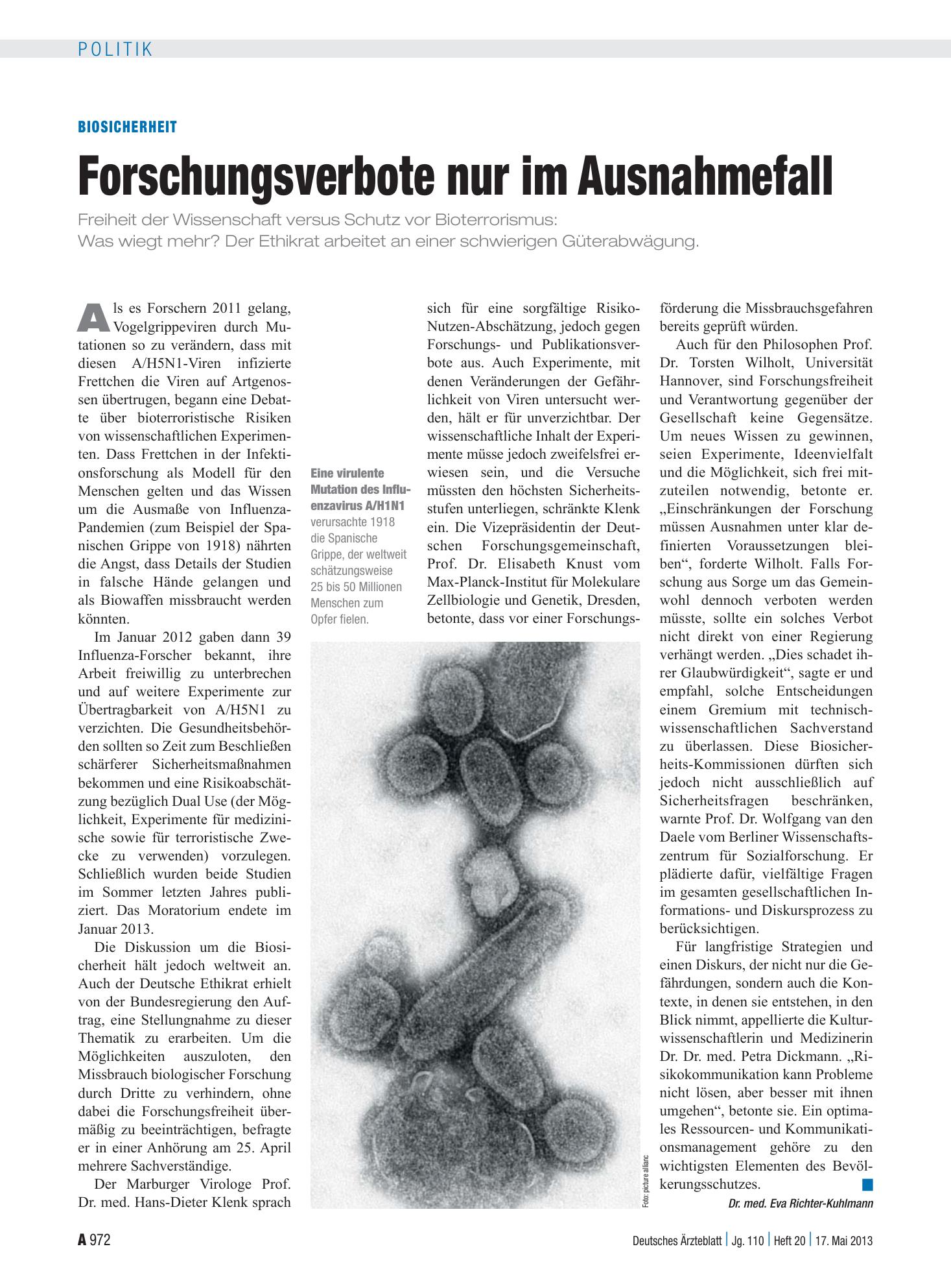 Vorschauseite 1: Biosicherheit: Forschungsverbote nur im Ausnahmefall – Deutsches Ärzteblatt