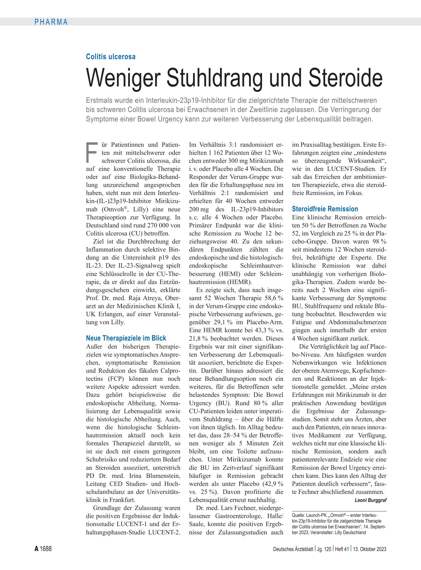 Vorschauseite 1: Colitis ulcerosa: Weniger Stuhldrang und Steroide – Deutsches Ärzteblatt