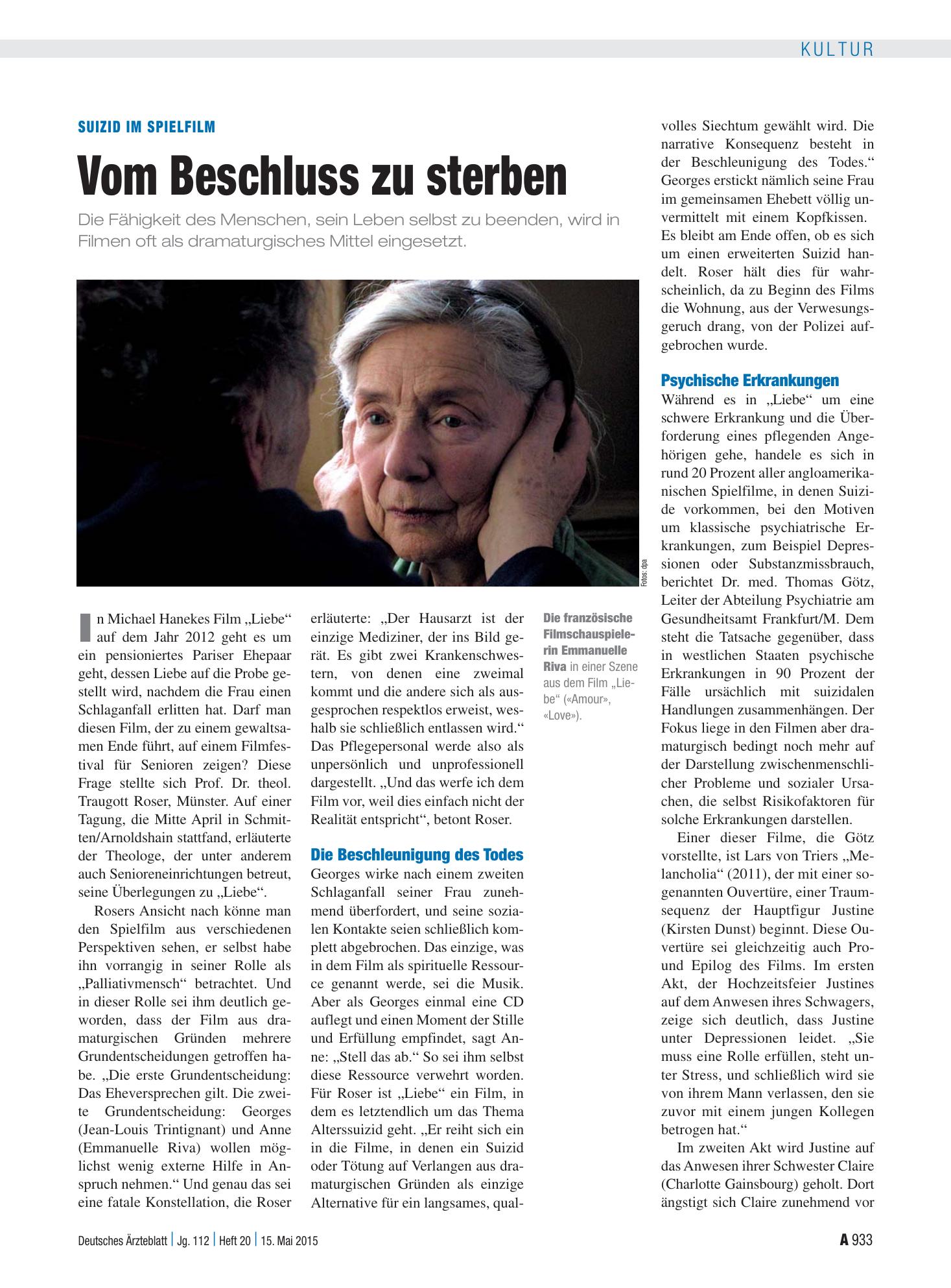 Vorschauseite 1: Suizid im Spielfilm: Vom Beschluss zu sterben – Deutsches Ärzteblatt