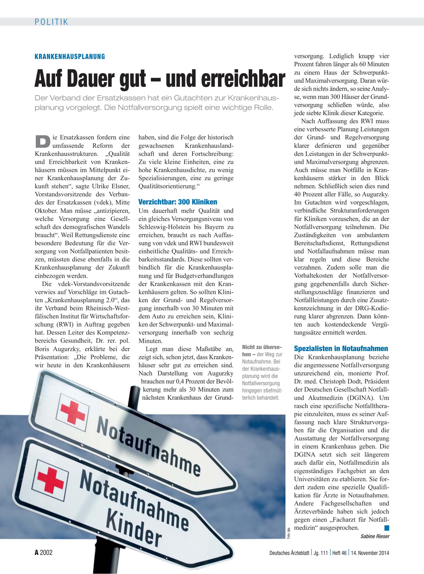 Vorschauseite 1: Krankenhausplanung: Auf Dauer gut – und erreichbar – Deutsches Ärzteblatt