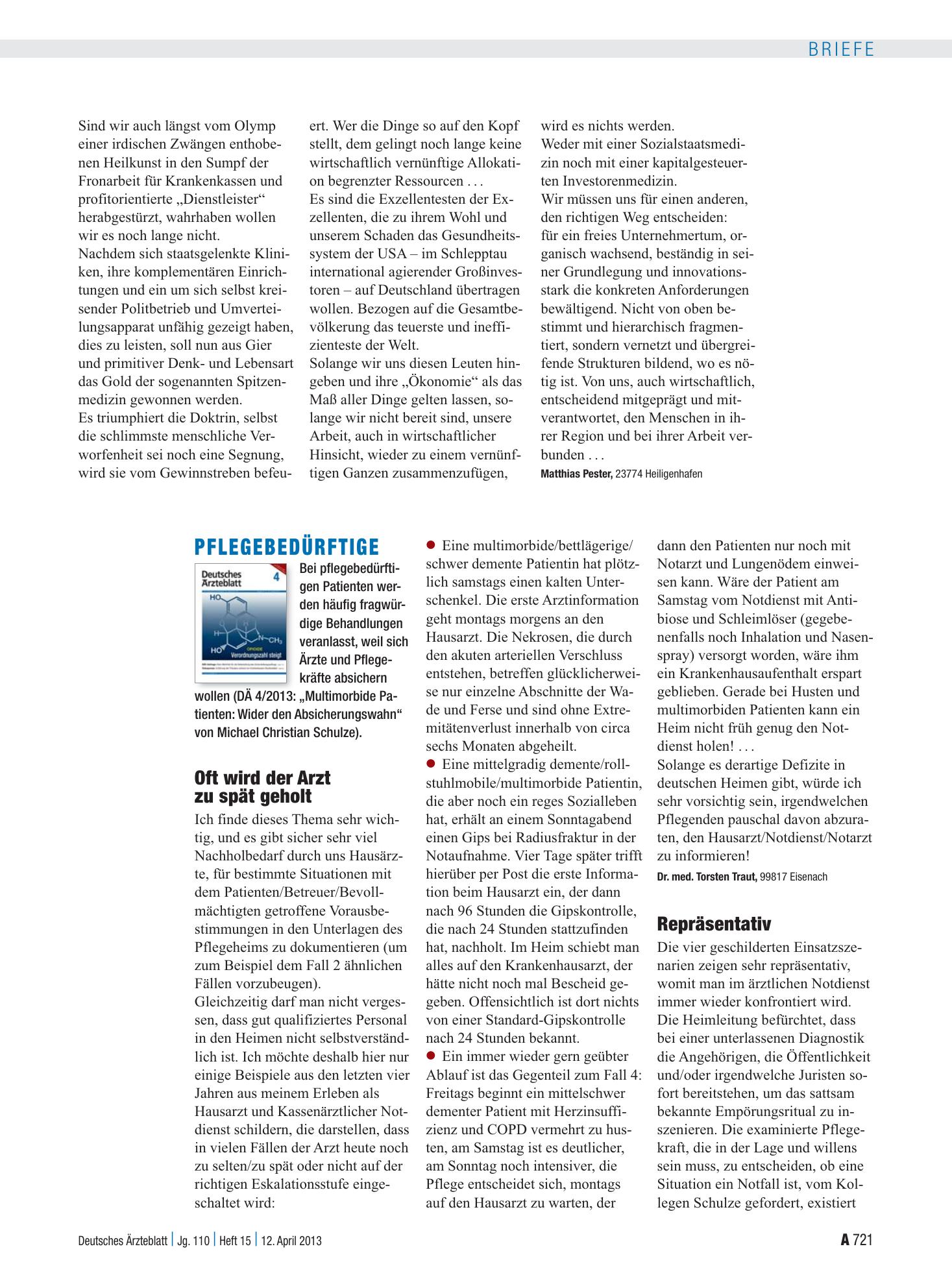 Vorschauseite 1: Pflegebedürftige: Oft wird der Arzt zu spät geholt – Deutsches Ärzteblatt