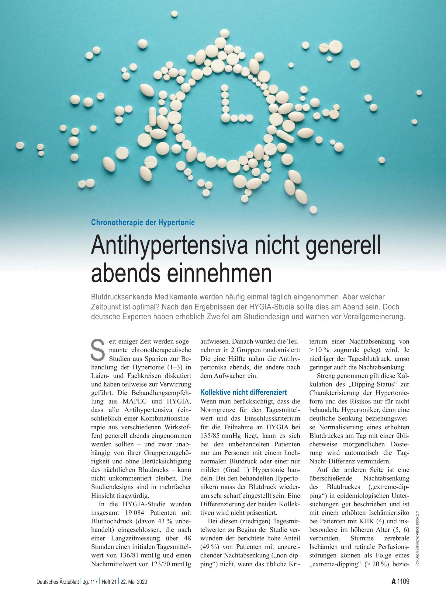 Vorschauseite 1: Chronotherapie der Hypertonie: Antihypertensiva nicht generell abends einnehmen – Deutsches Ärzteblatt