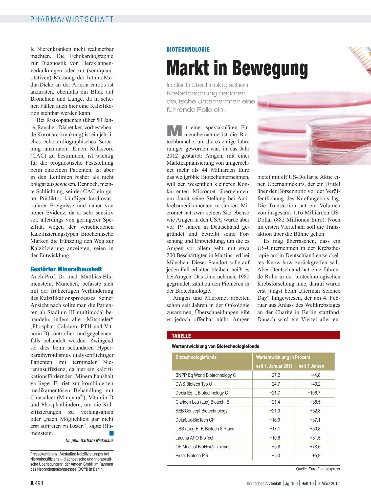 Vorschauseite 1: Biotechnologie: Markt in Bewegung – Deutsches Ärzteblatt