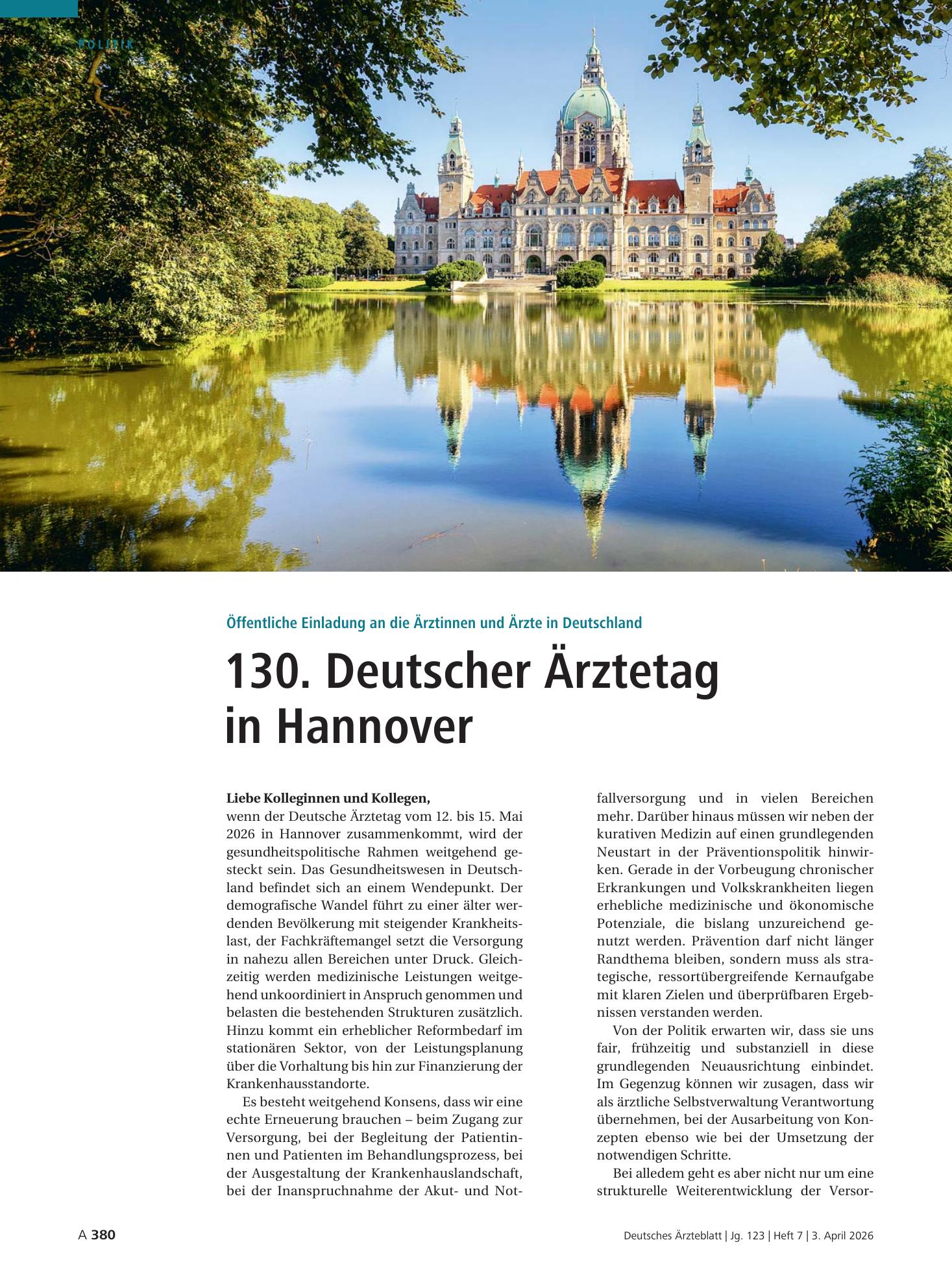 Vorschauseite 1: Öffentliche Einladung an die Ärztinnen und Ärzte in Deutschland: 130. Deutscher Ärztetag in Hannover – Deutsches Ärzteblatt