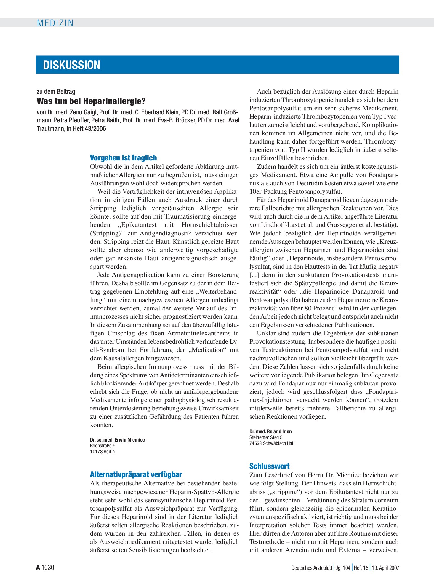 Vorschauseite 1: Was tun bei Heparinallergie? Schlusswort – Deutsches Ärzteblatt