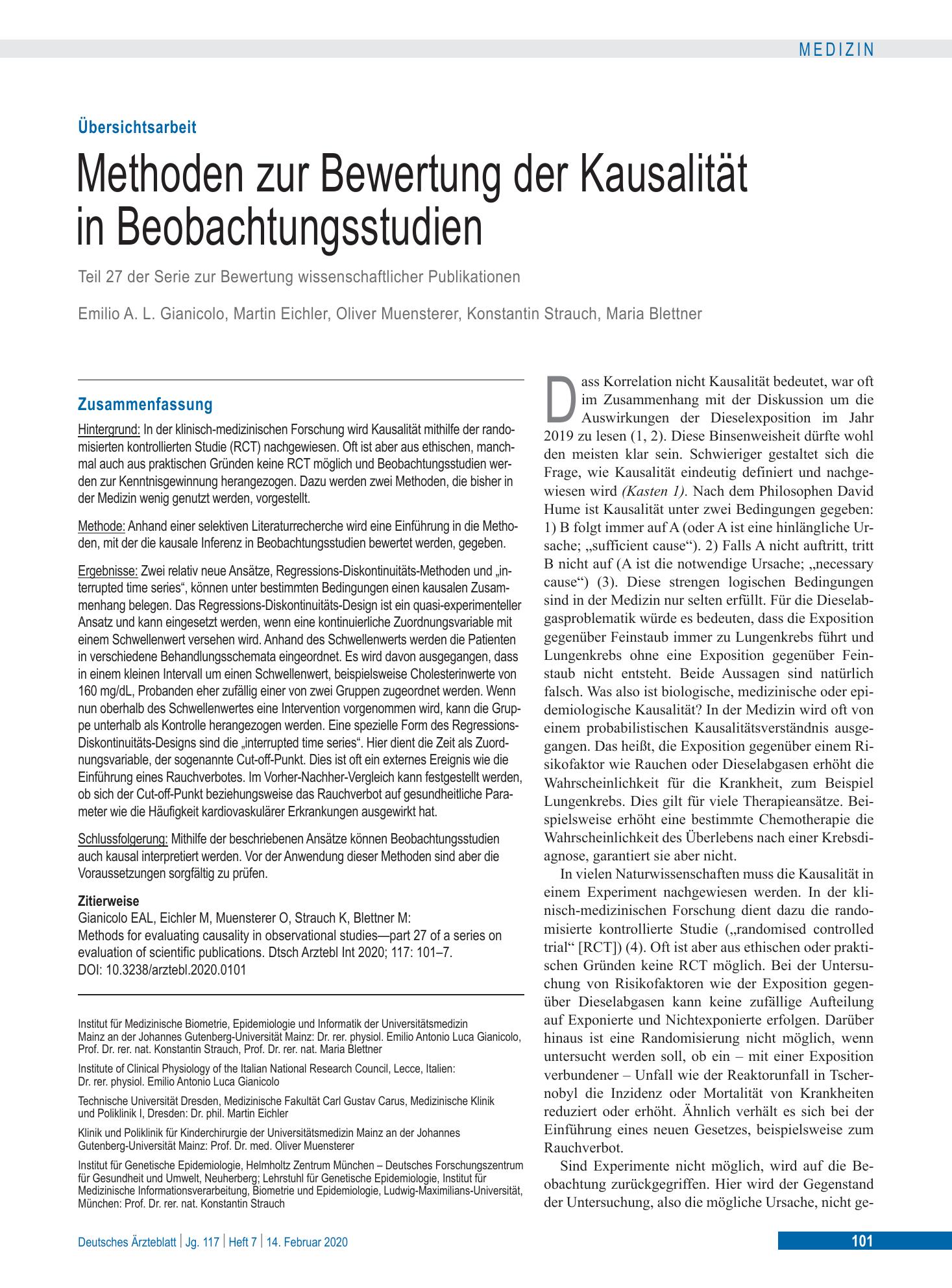 Vorschauseite 1: Methoden zur Bewertung der Kausalität in Beobachtungsstudien – Deutsches Ärzteblatt