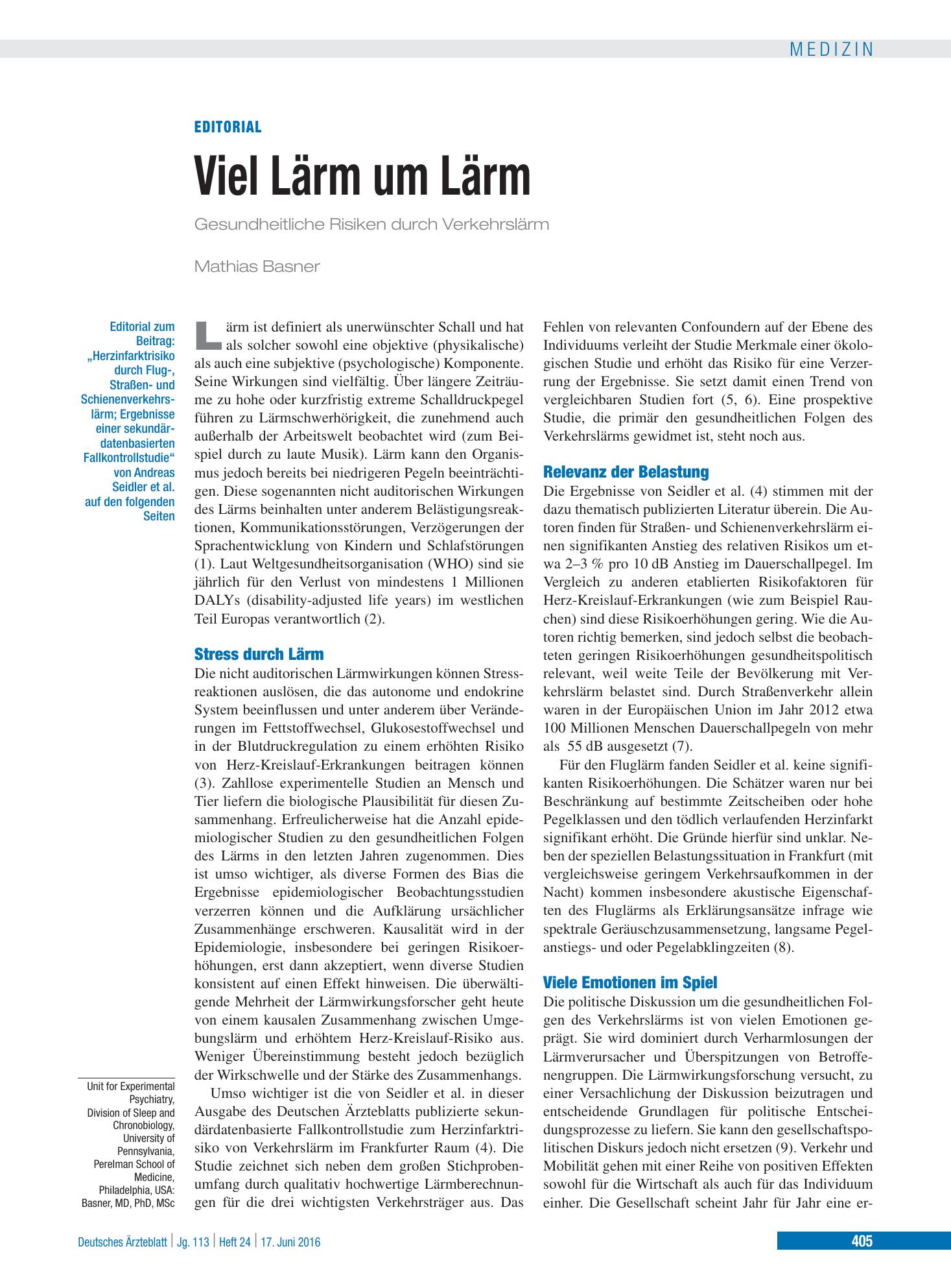 Vorschauseite 1: Viel Lärm um Lärm – Deutsches Ärzteblatt