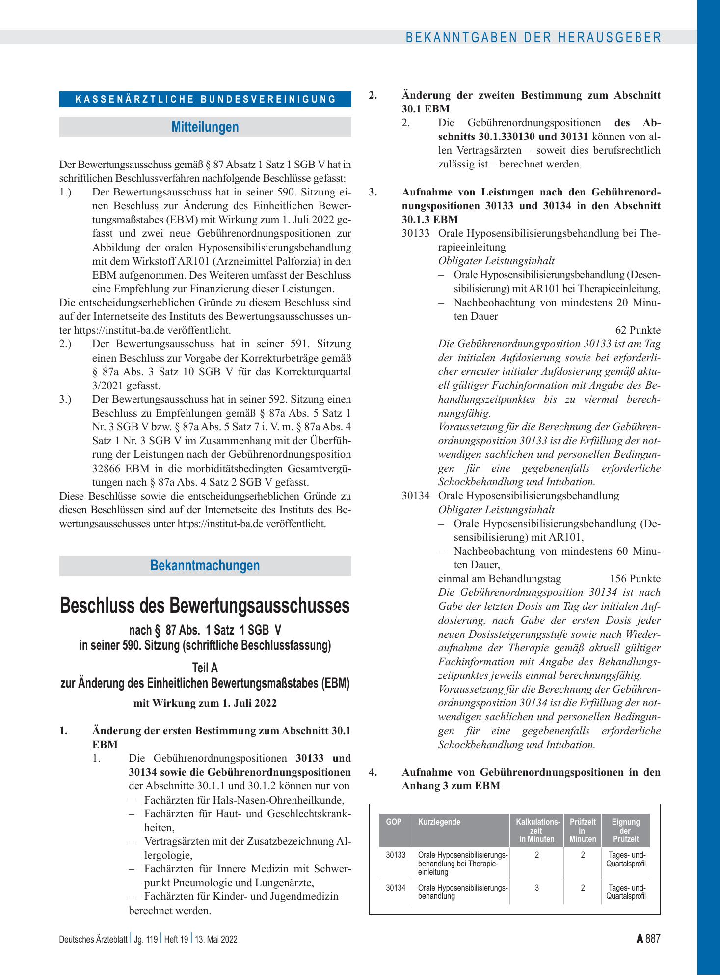 Vorschauseite 1: Beschluss des Bewertungsausschusses in seiner 590. Sitzung (schriftliche Beschlussfassung) – Deutsches Ärzteblatt