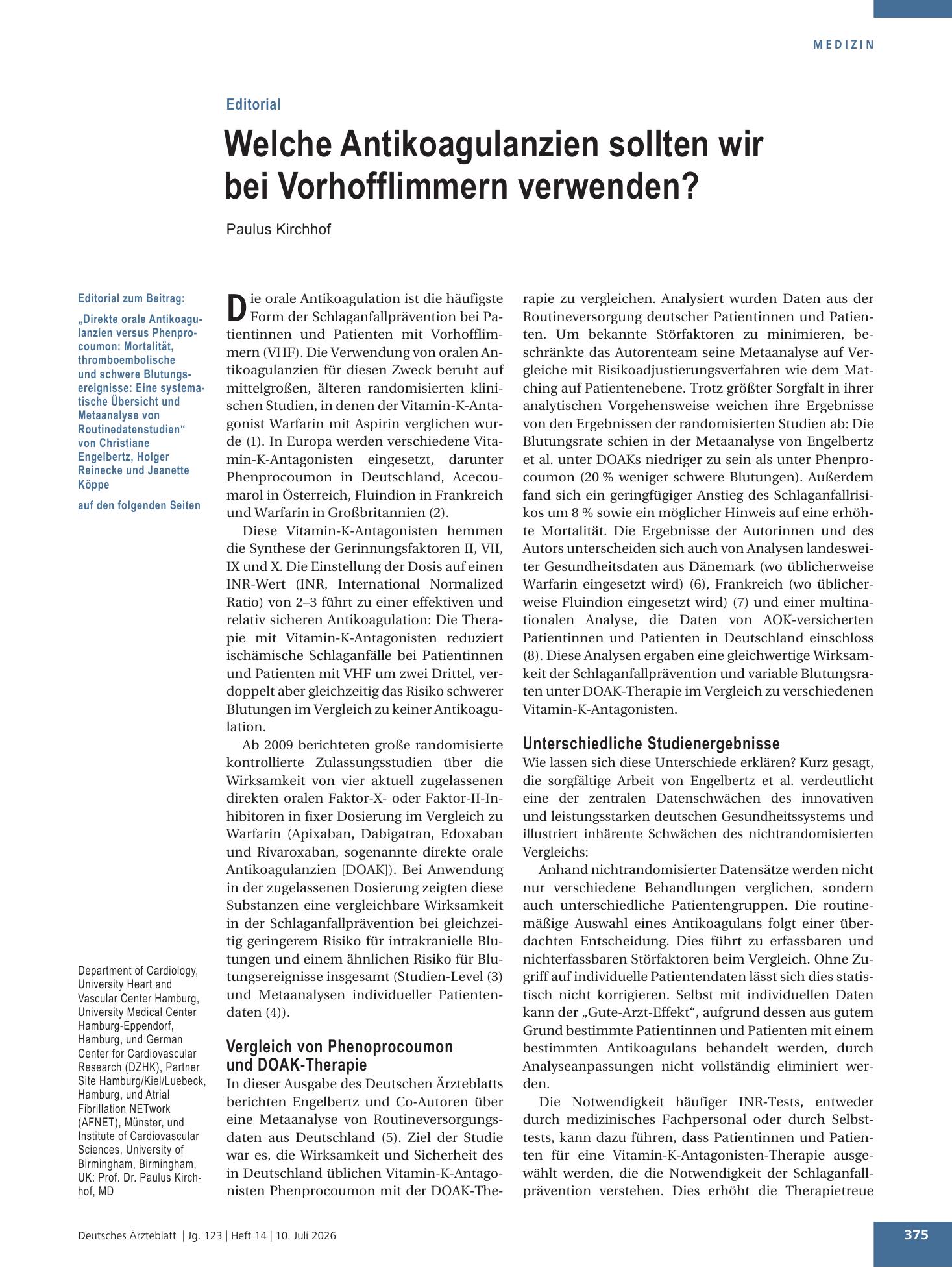 Vorschauseite 1: Direkte orale Antikoagulanzien versus Phenprocoumon: Mortalität, thromboembolische und schwere Blutungsereignisse – Deutsches Ärzteblatt