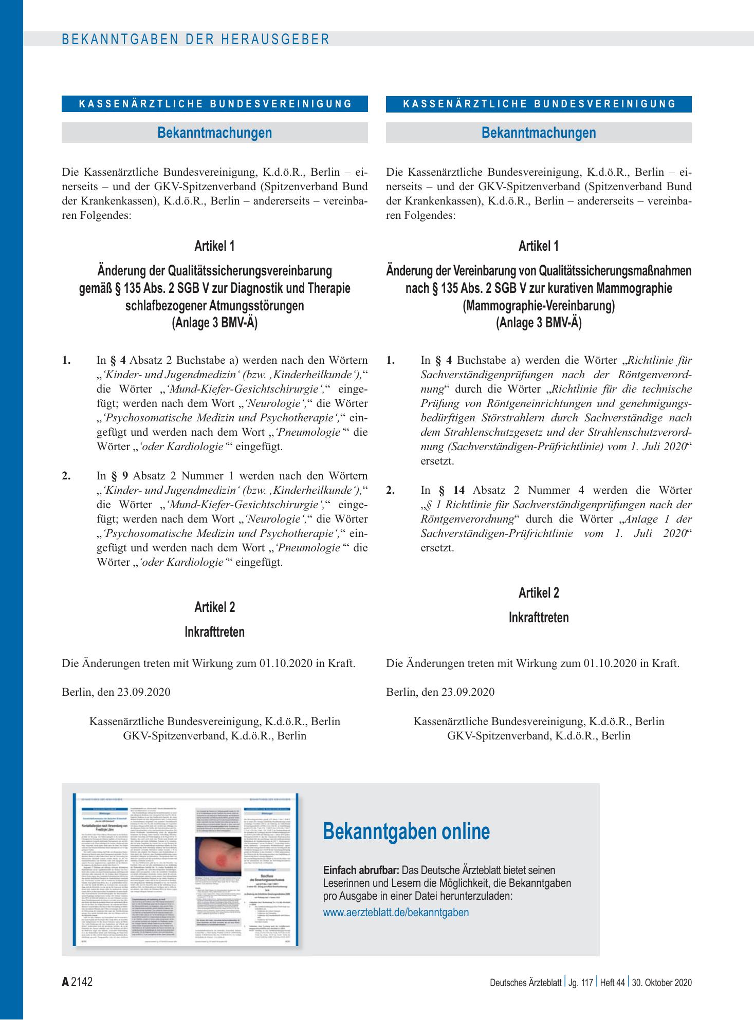 Vorschauseite 1: Bekanntgaben online – Deutsches Ärzteblatt