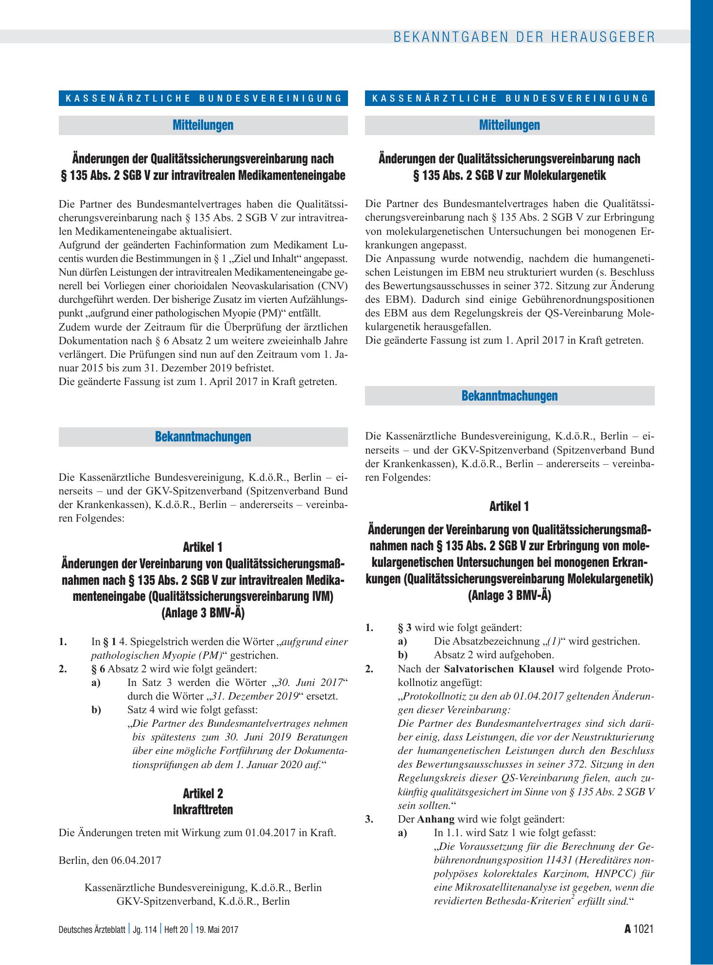 Vorschauseite 1: Änderungen der Qualitätssicherungsvereinbarung nach § 135 Abs. 2 SGB V zur Molekulargenetik: Artikel 1 und Artikel 2, Inkrafttreten – Deutsches Ärzteblatt