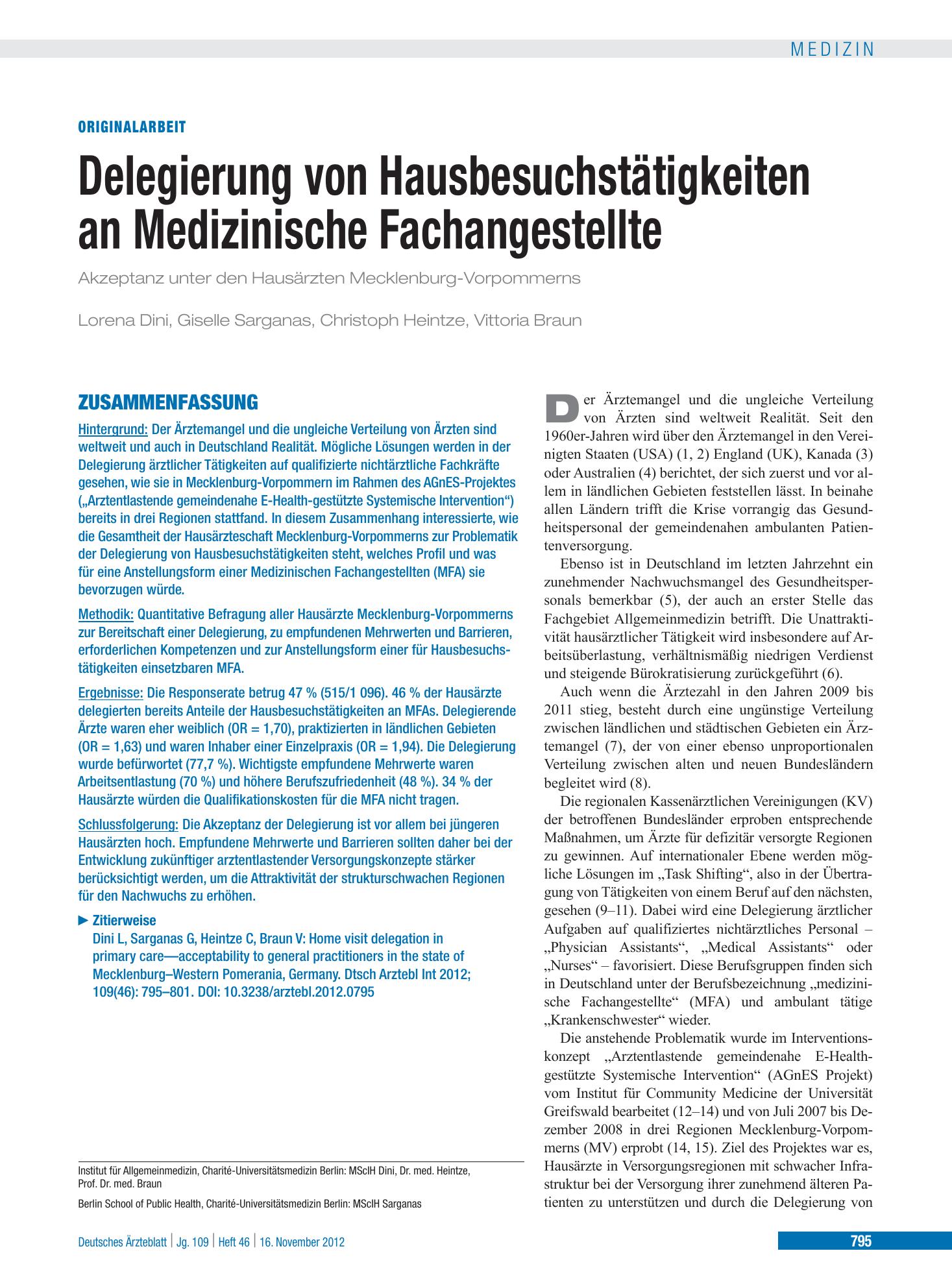 Vorschauseite 1: Delegierung von Hausbesuchstätigkeiten an Medizinische Fachangestellte – Deutsches Ärzteblatt