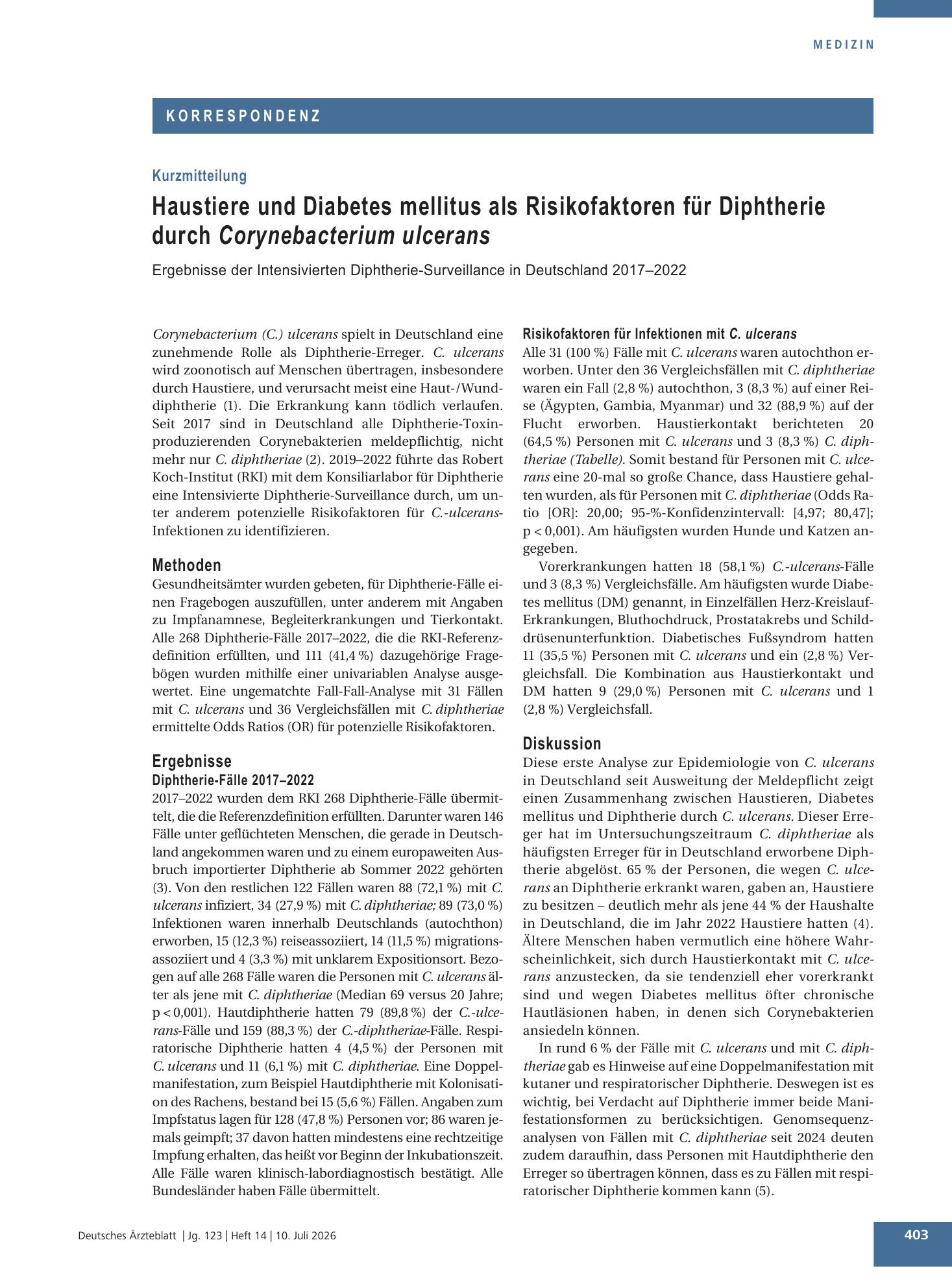 Vorschauseite 1: Haustiere und Diabetes mellitus als Risikofaktoren für Diphtherie durch Corynebacterium ulcerans – Deutsches Ärzteblatt