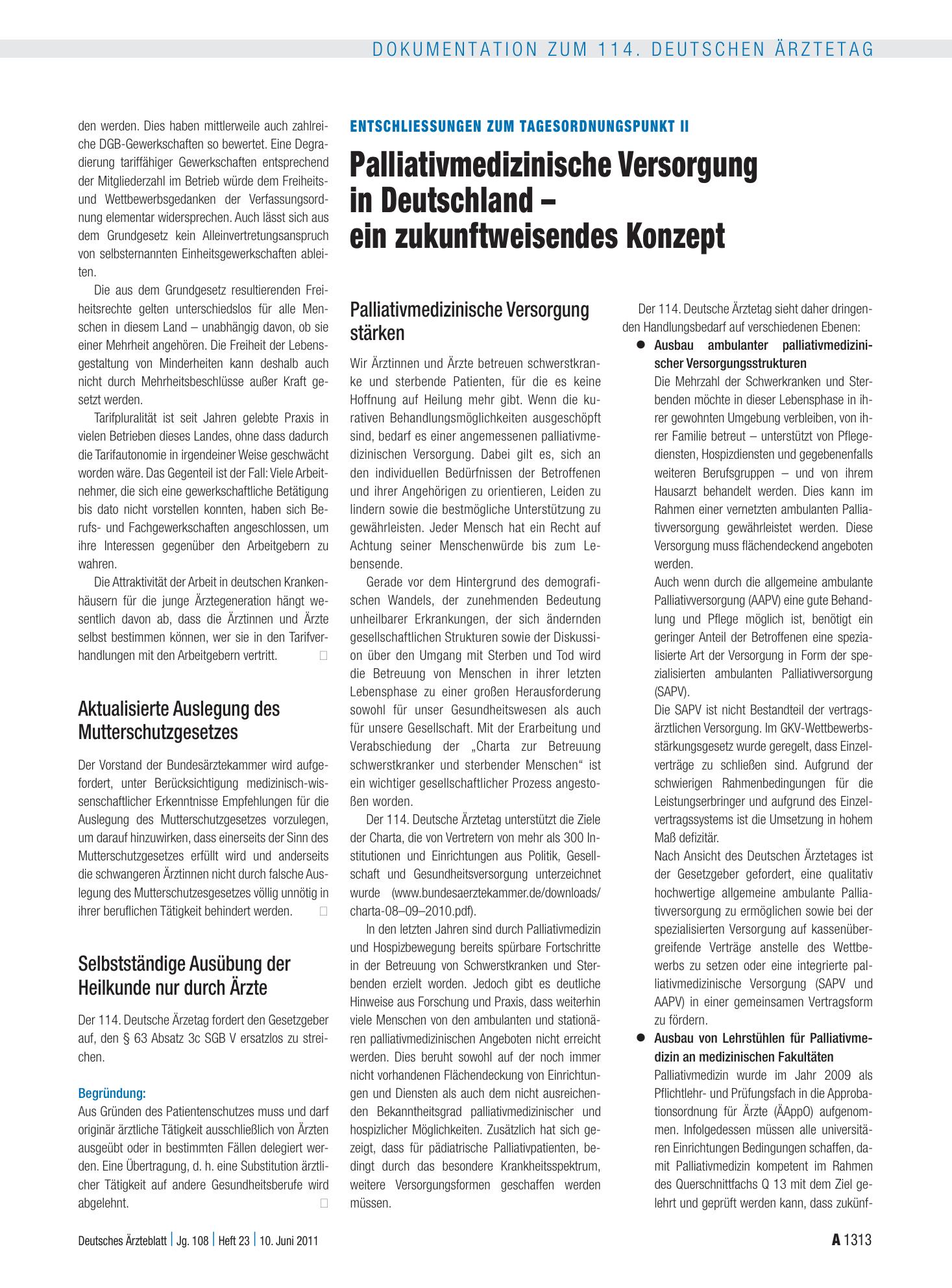 Vorschauseite 1: Entschliessungen zum Tagesordnungspunkt II: Palliativmedizinische Versorgung in Deutschland – ein zukunftweisendes Konzept – Deutsches Ärzteblatt