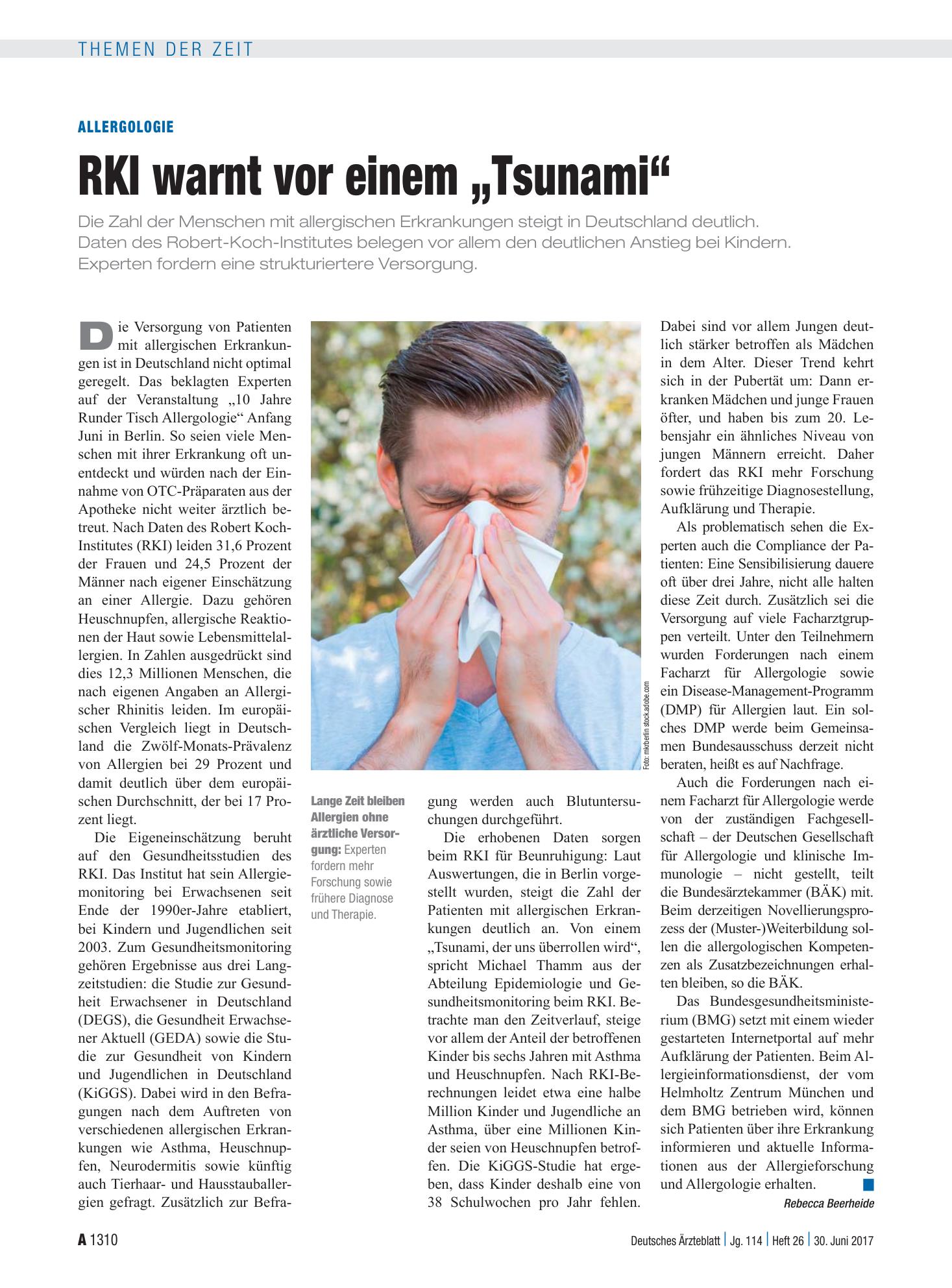 Vorschauseite 1: Allergologie: RKI warnt vor einem „Tsunami“ – Deutsches Ärzteblatt