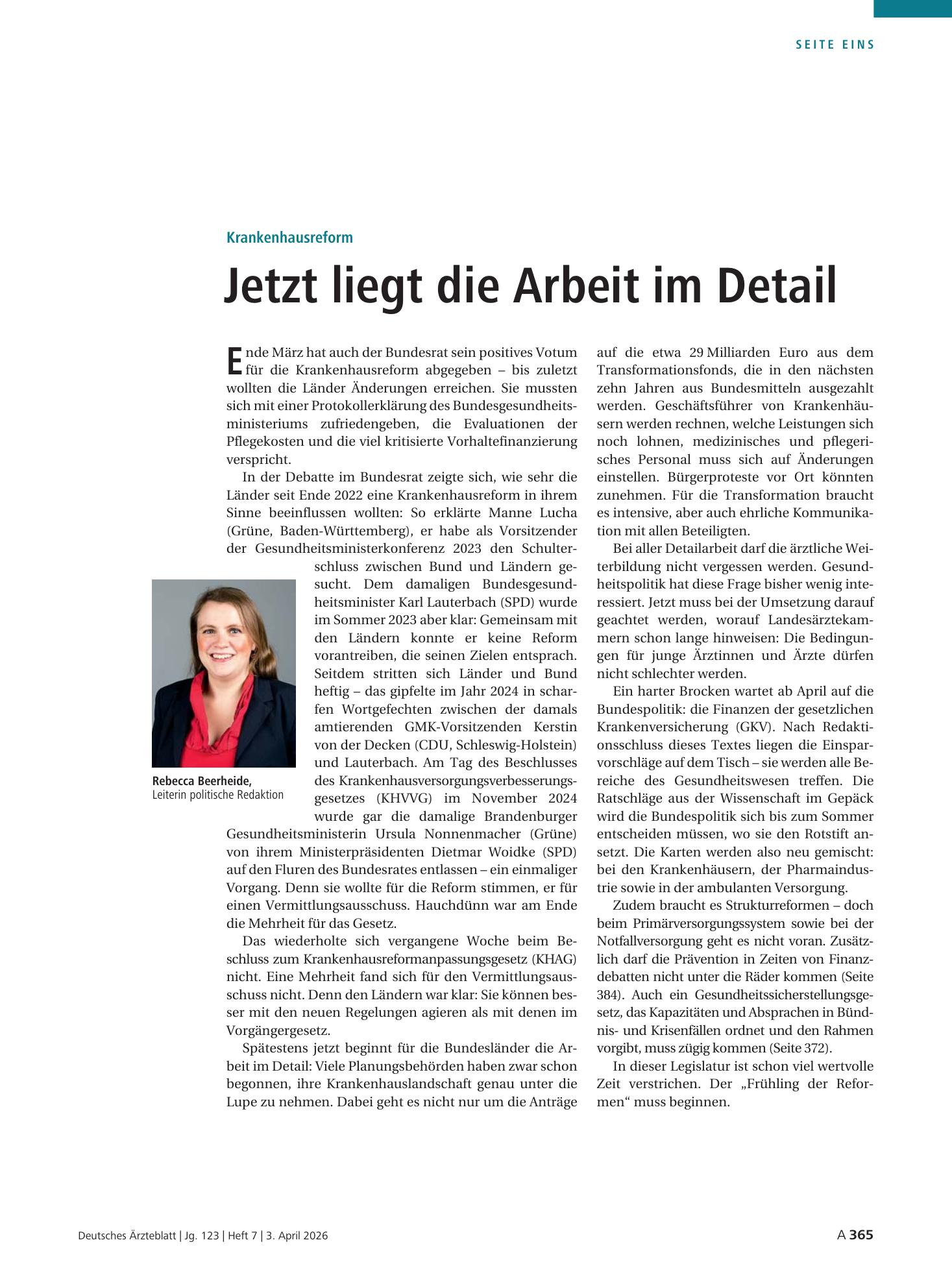 Vorschauseite 1: Krankenhausreform: Jetzt liegt die Arbeit im Detail – Deutsches Ärzteblatt