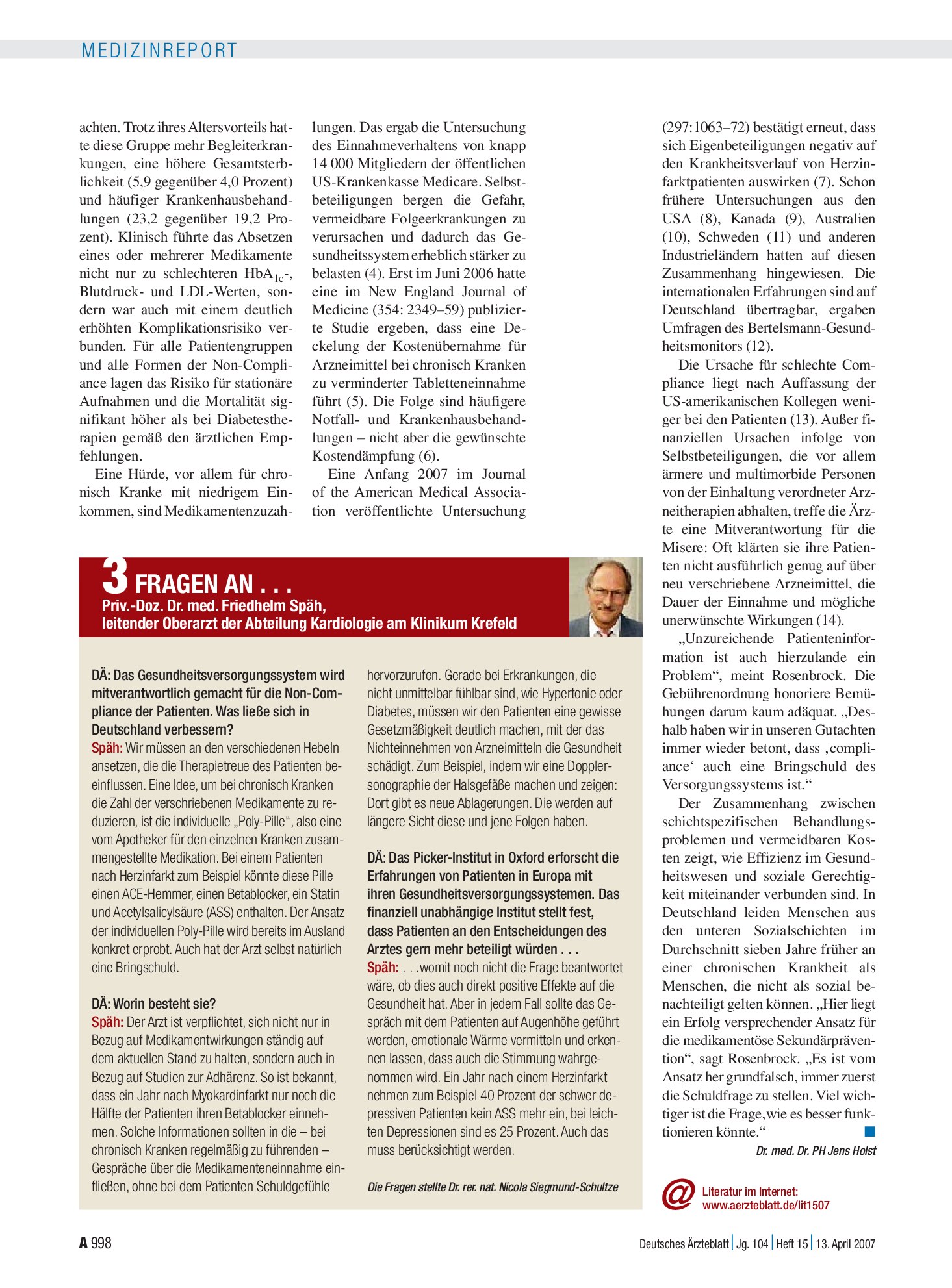Vorschauseite 1: 3 fragen an . . . Priv.-Doz. Dr. med. Friedhelm Späh, leitender Oberarzt der Abteilung Kardiologie am Klinikum Krefeld – Deutsches Ärzteblatt