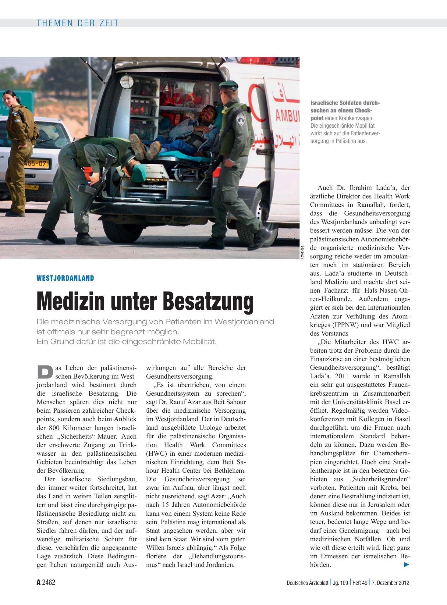 Vorschauseite 1: Westjordanland: Medizin unter Besatzung – Deutsches Ärzteblatt