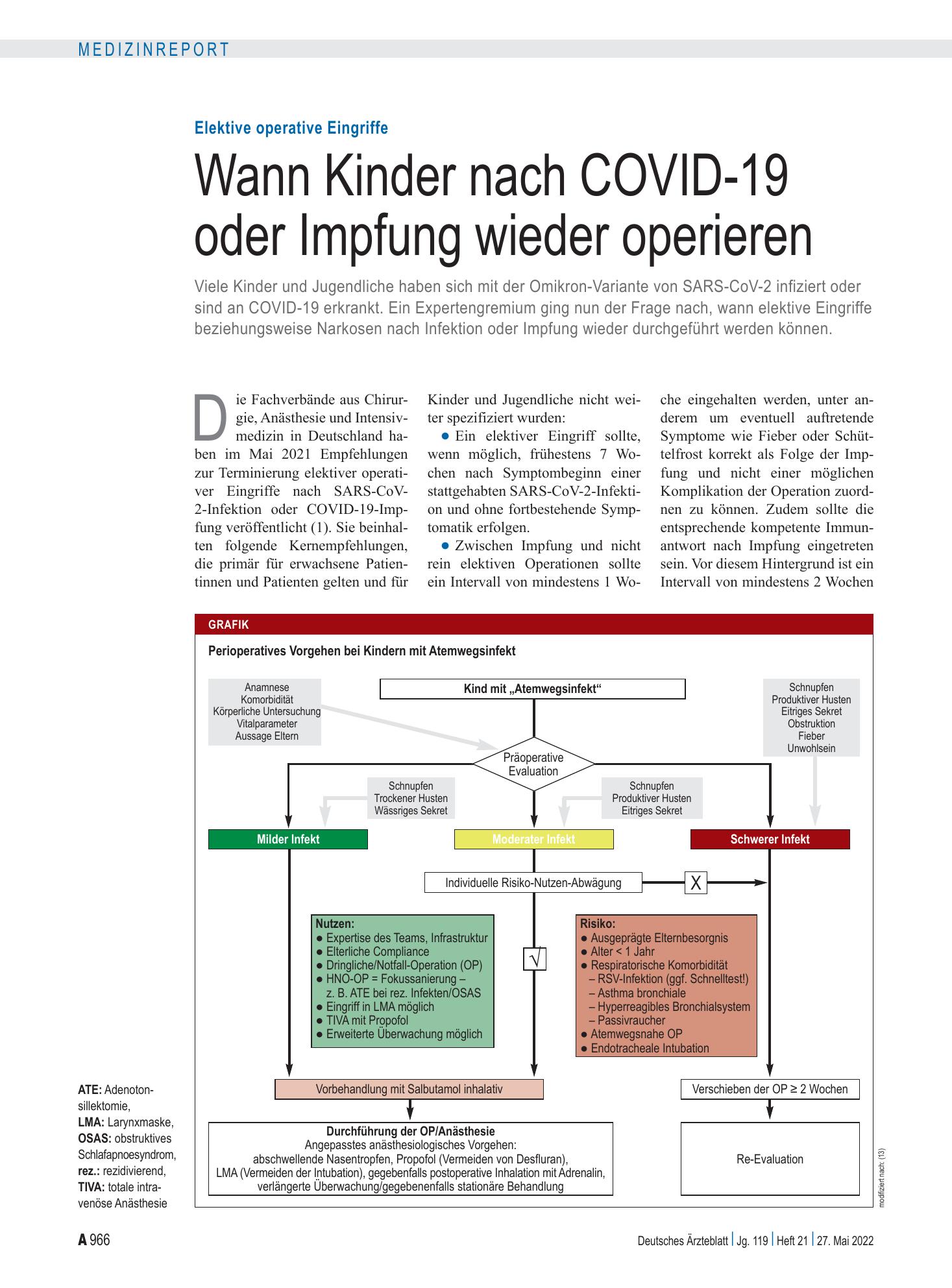 Vorschauseite 1: Elektive operative Eingriffe: Wann Kinder nach COVID-19 oder Impfung wieder operieren – Deutsches Ärzteblatt
