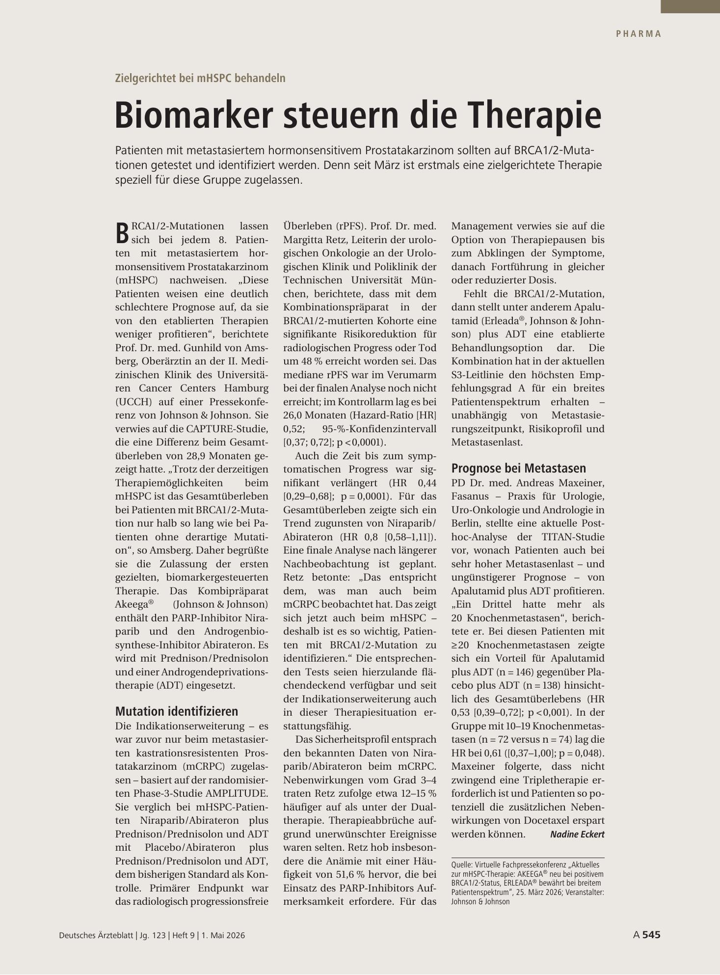 Vorschauseite 1: Zielgerichtet bei mHSPC behandeln: Biomarker steuern die Therapie – Deutsches Ärzteblatt