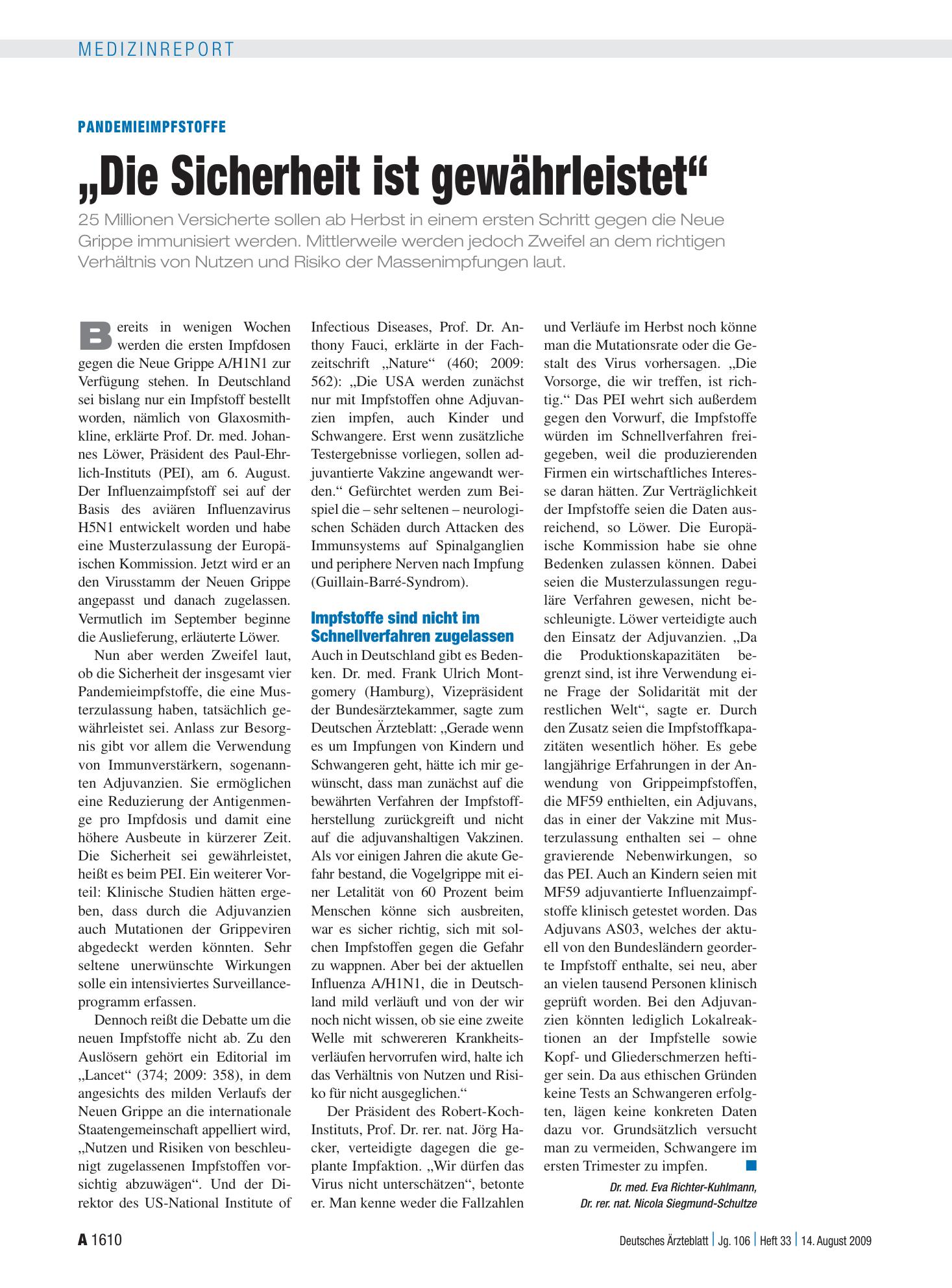 Vorschauseite 1: Pandemieimpfstoffe: „Die Sicherheit ist gewährleistet“ – Deutsches Ärzteblatt