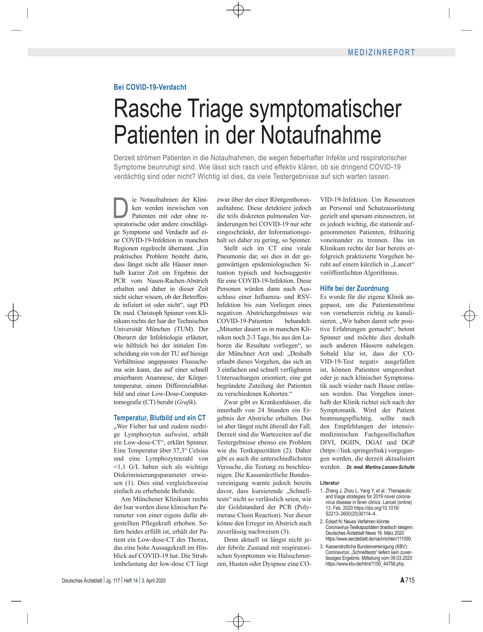 Vorschauseite 1: Bei COVID-19-Verdacht: Rasche Triage symptomatischer Patienten in der Notaufnahme – Deutsches Ärzteblatt
