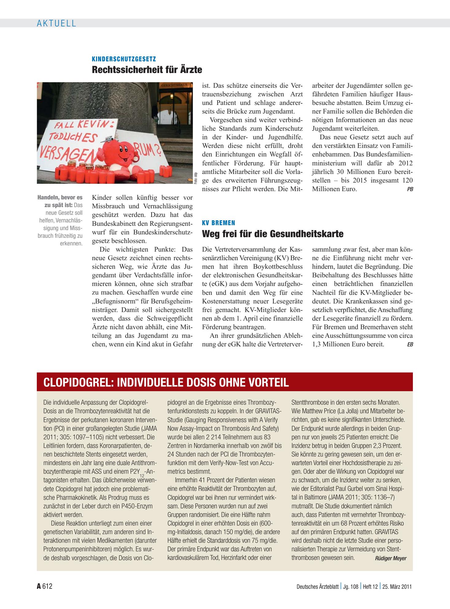 Vorschauseite 1: Clopidogrel: individuelle Dosis ohne Vorteil – Deutsches Ärzteblatt