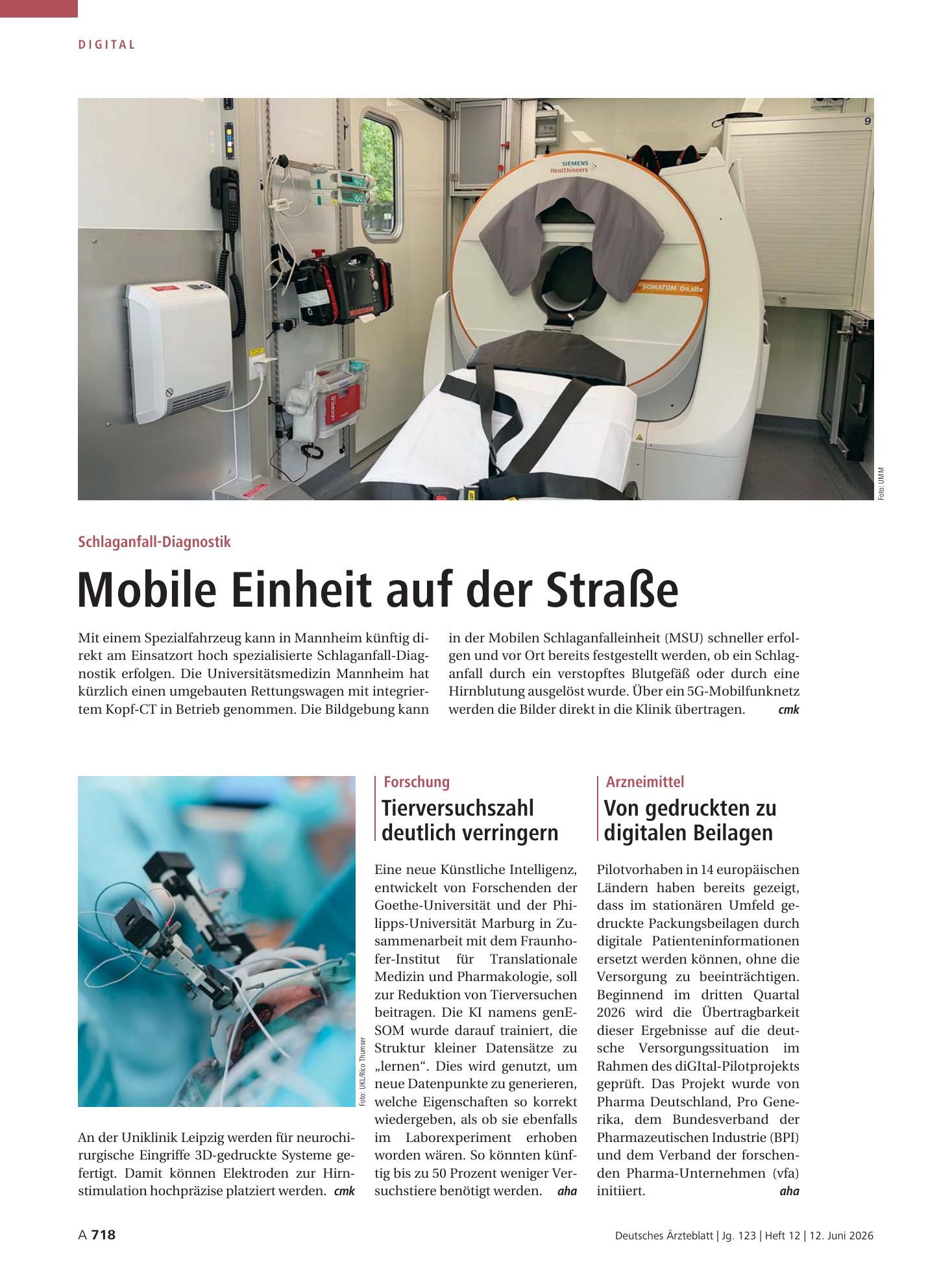 Vorschauseite 1: Schlaganfall-Diagnostik: Mobile Einheit auf der Straße – Deutsches Ärzteblatt