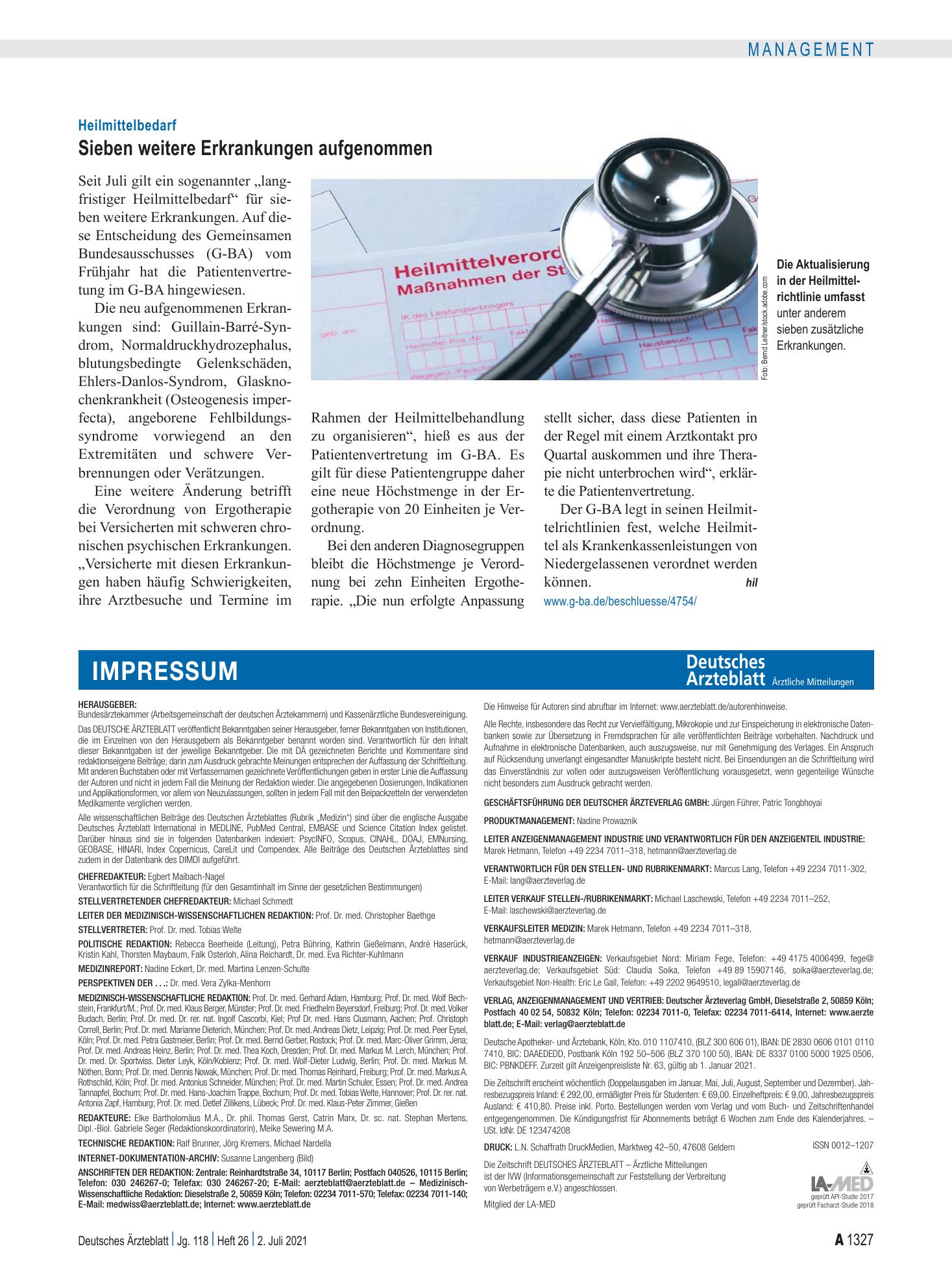 Vorschauseite 1: Heilmittelbedarf: Sieben weitere Erkrankungen aufgenommen – Deutsches Ärzteblatt