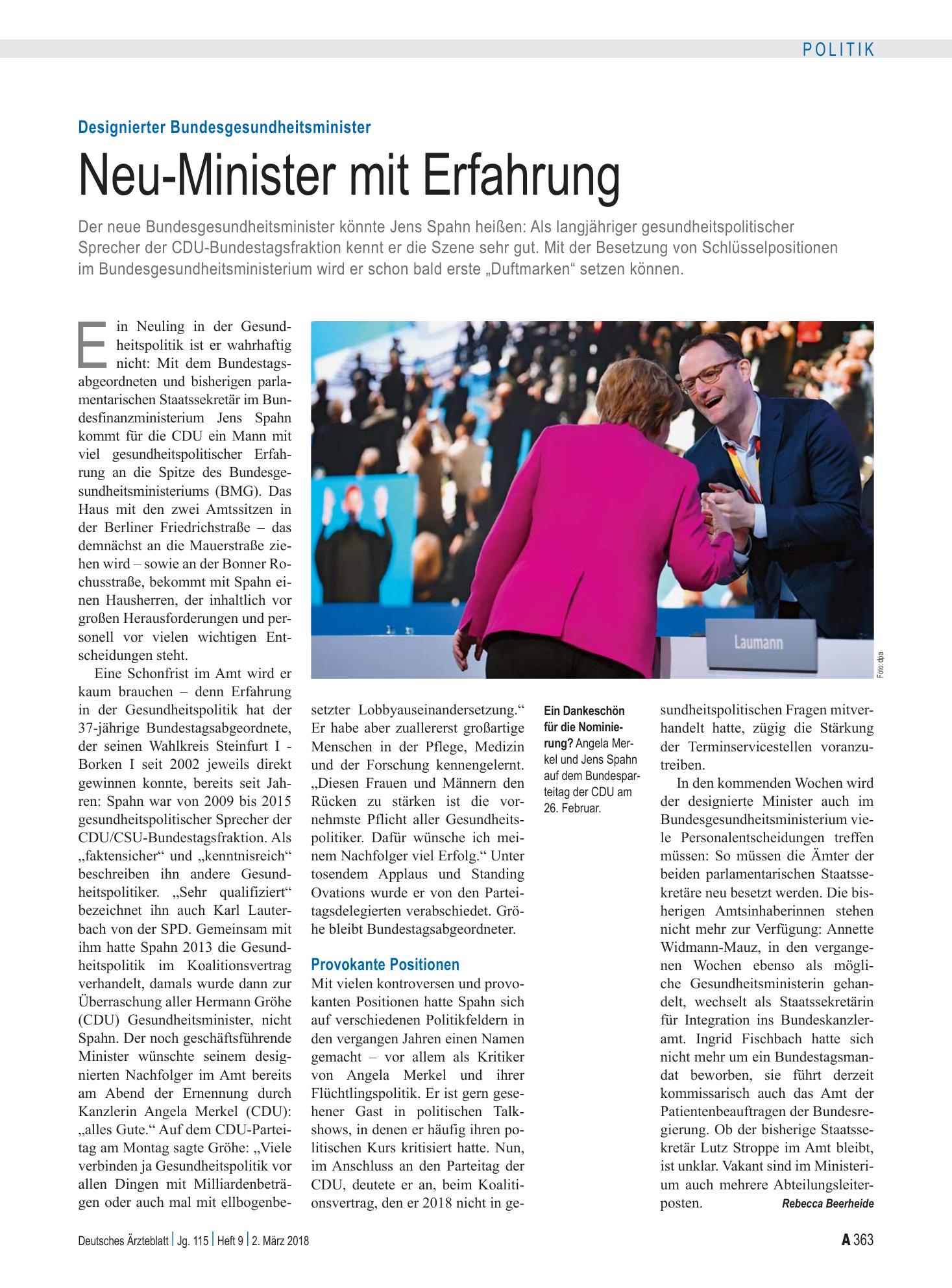 Vorschauseite 1: Designierter Bundesgesundheitsminister: Neu-Minister mit Erfahrung – Deutsches Ärzteblatt