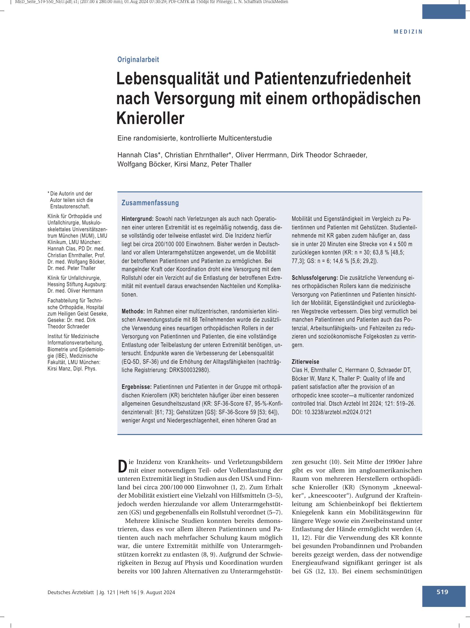 Vorschauseite 1: Lebensqualität und Patientenzufriedenheit nach Versorgung mit einem orthopädischen Knieroller – Deutsches Ärzteblatt