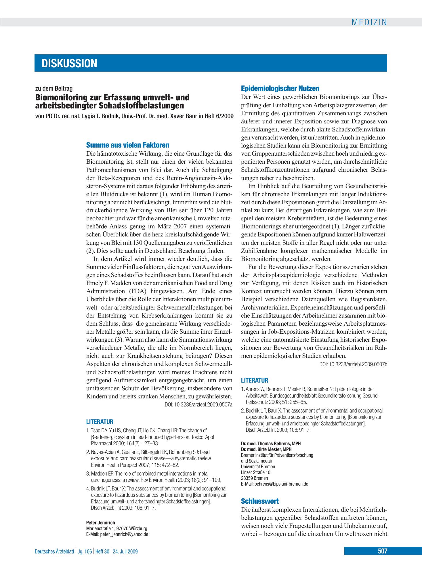 Vorschauseite 1: Biomonitoring zur Erfassung umwelt- und arbeitsbedingter Schadstoffbelastungen: Summe aus vielen Faktoren – Deutsches Ärzteblatt