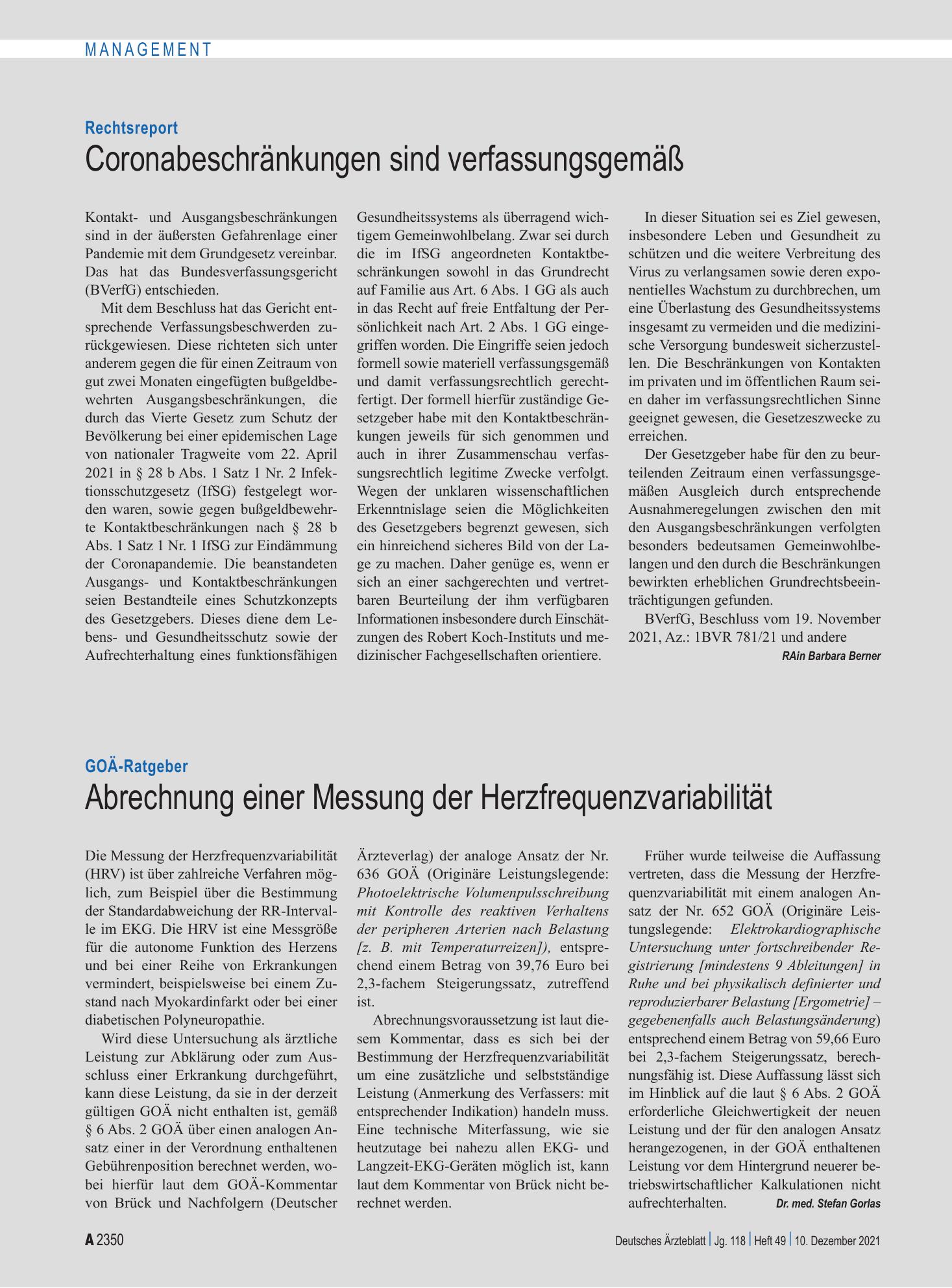 Vorschauseite 1: GOÄ-Ratgeber: Abrechnung einer Messung der Herzfrequenzvariabilität – Deutsches Ärzteblatt