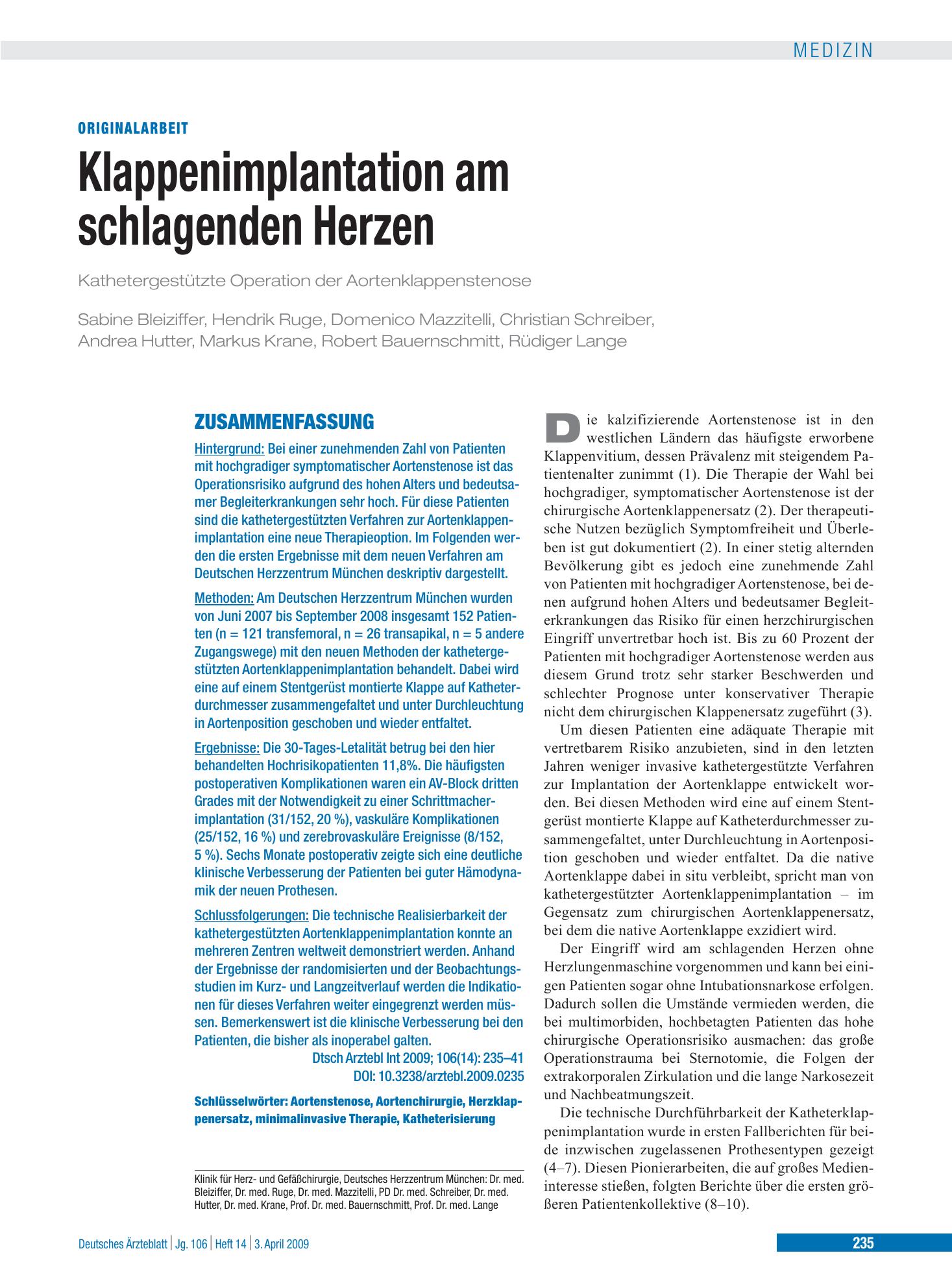 Vorschauseite 1: Klappenimplantation am schlagenden Herzen – Deutsches Ärzteblatt